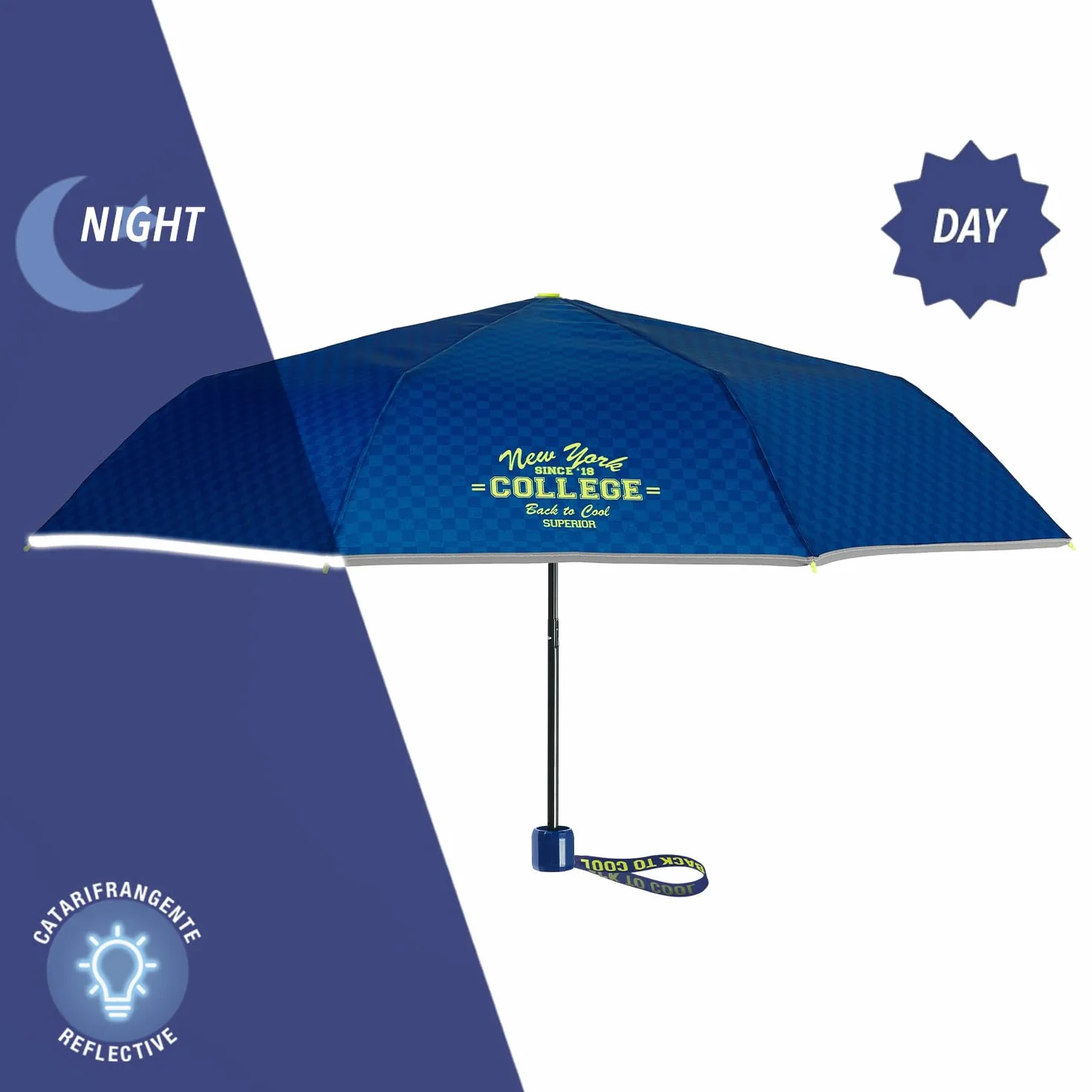 Składana Kompaktowa Parasolka dla Dzieci w Wieku 7+ Manualna - Mini Parasol Odblaskowymi Detalami Lekki Przenośny - Mały Kieszonkowy Wiatroodporny Parasol - Średnica 91 cm - Perletti (College)