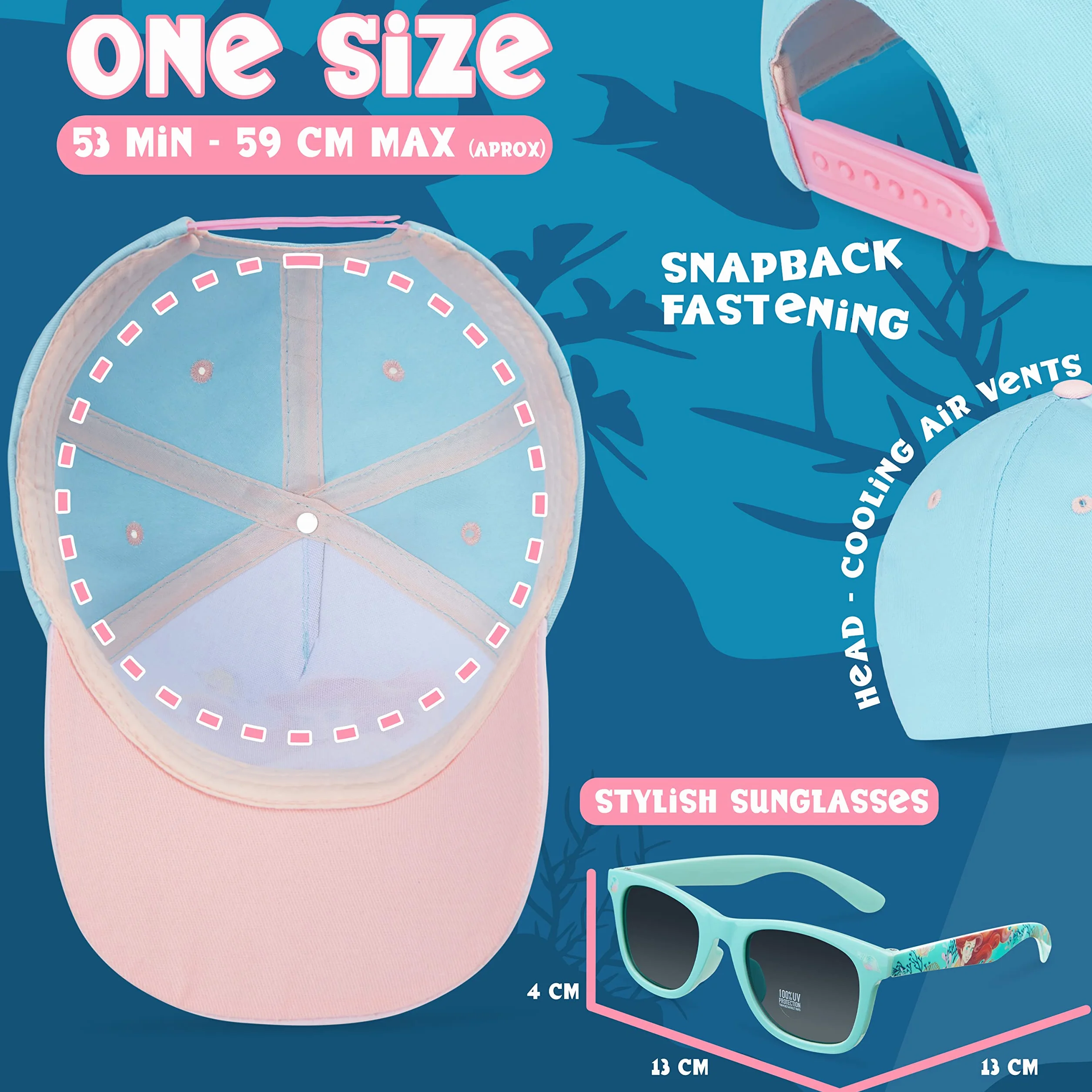 Disney Stitch Czapka z Daszkiem i Okulary Przeciwsłoneczne dla Dzieci dla Dziewcząt 100% UV Protection Lato Akcesoria Ustaw Jeden rozmiar Regulowany Kapelusz Frozen The Little Mermaid Stitch Prezenty dla Dziewczynek