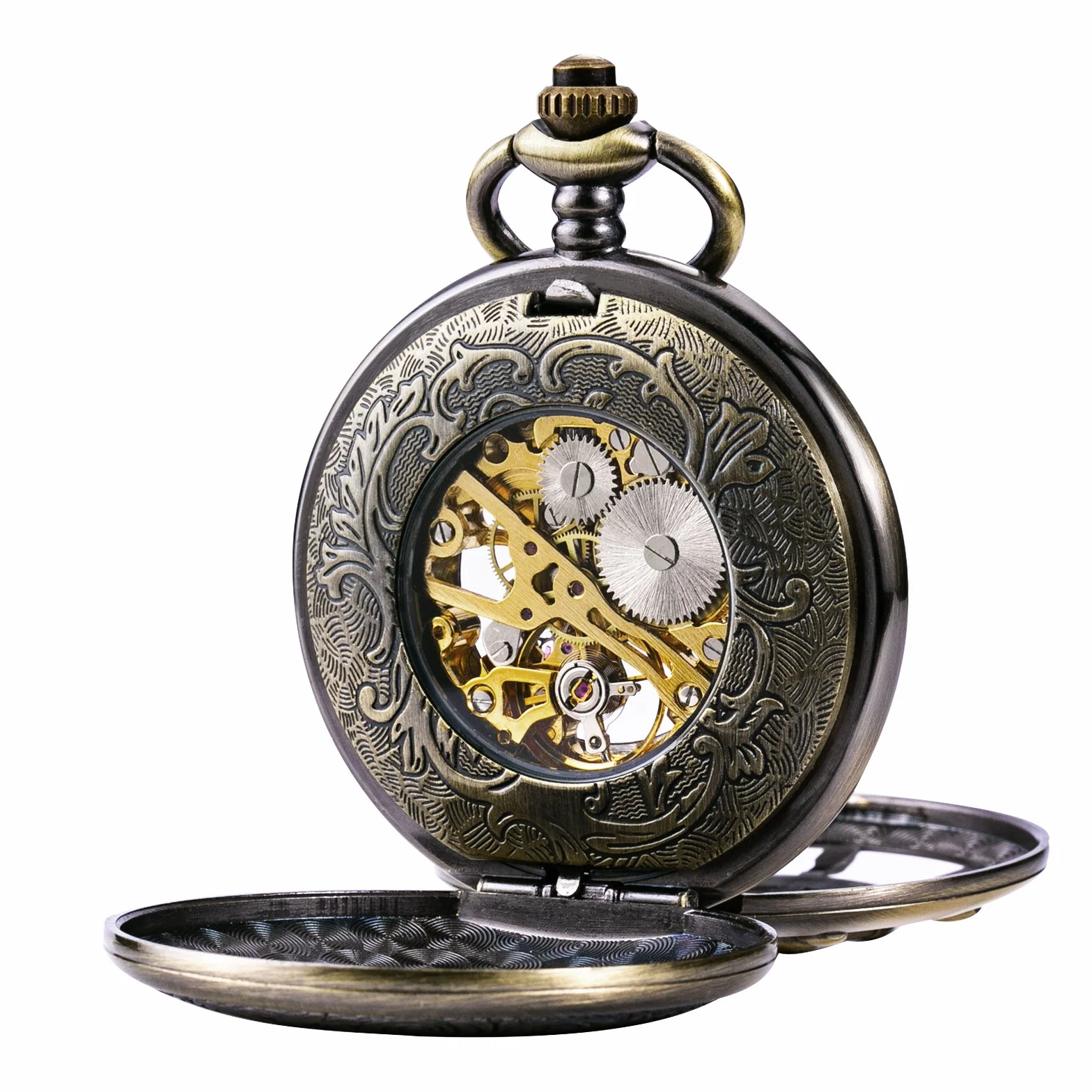 TREEWETO Unisex zegarek kieszonkowy z łańcuszkiem analogowy mechaniczny nakręcany ręczny podwójny zawias wiosło szkielet brąz, Bronze036