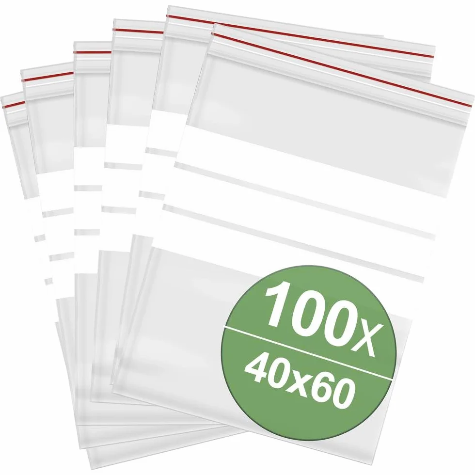 Woreczki strunowe z paskami do opisu (szer. x wys.) 40 mm x 60 mm, przezroczysty polietylen