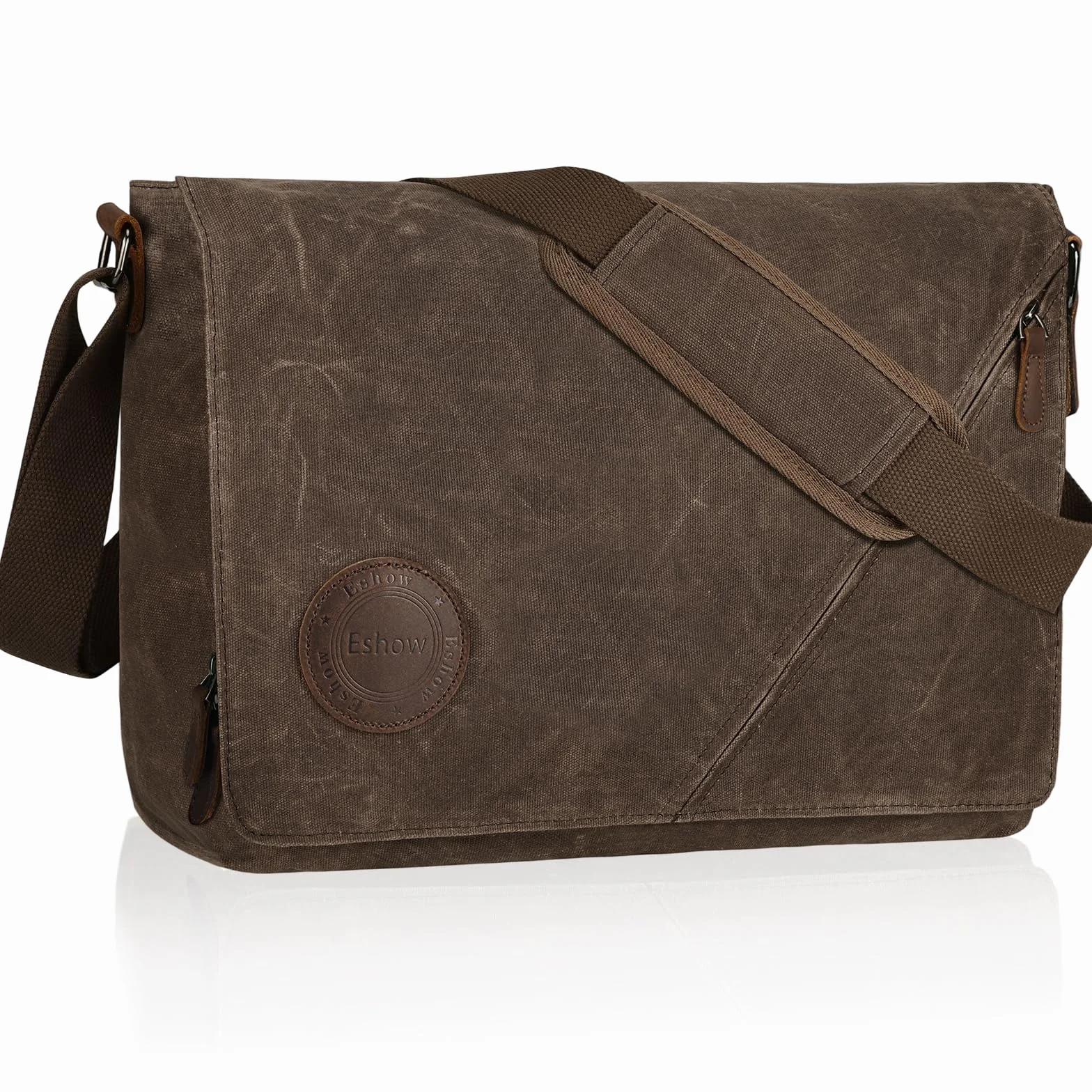 Eshow Męska torba na ramię, wodoodporna, na laptopa 13/14/15,6", torba listonoszka z prawdziwej skóry i płótna, torba robocza, torba na ramię w stylu vintage, do pracy, na uczelnię, do biura, brązowy