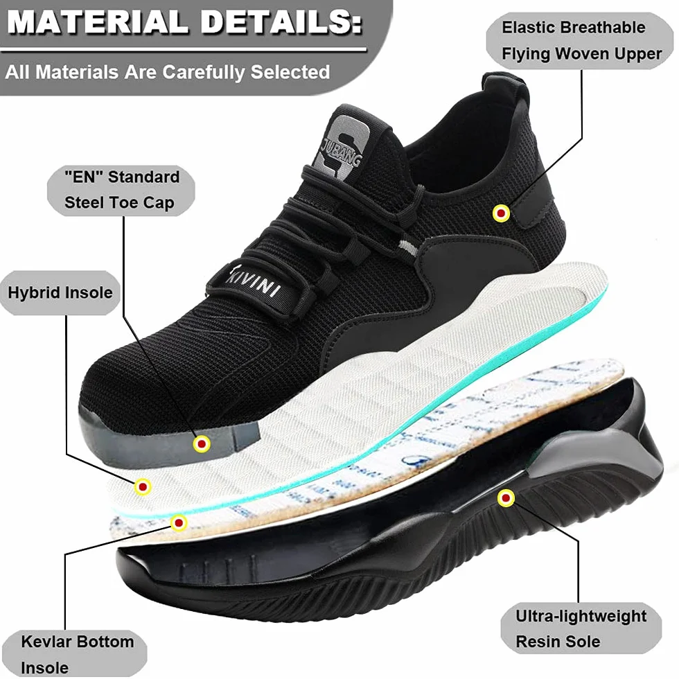 Buty ochronne, dla kobiet i mężczyzn, buty robocze ze stalowym noskiem, lekkie, bezpieczne, sportowe, oddychające, stylowe sneakersy, również do trekkingu, czarny i szary, 43 EU