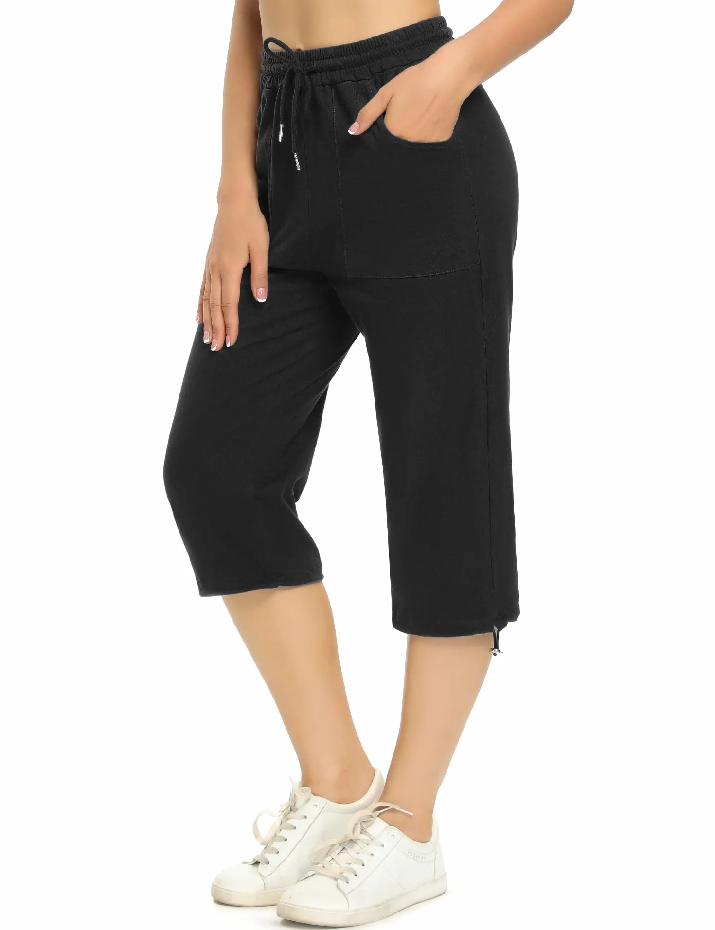Totatuit Damskie spodnie sportowe 3/4 z wysokim stanem spodnie capri letnie miękkie bawełniane joggery dresowe do jogi piesze wycieczki bieganie, czarny, M