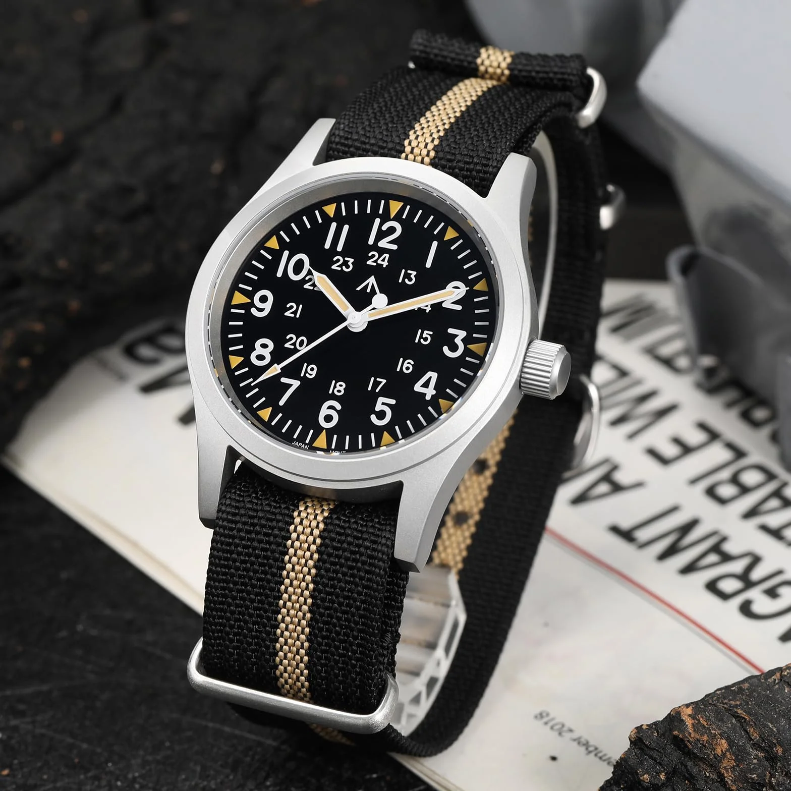 Militado ML05 ML05B 38 mm zegar polowy w stylu vintage, VH31 cichy sekundnik / 515 / Miyota Super 2035, zakrzywione szkło szafirowe z powłoką AR, super masa świetlna C3, wodoszczelność 100 m