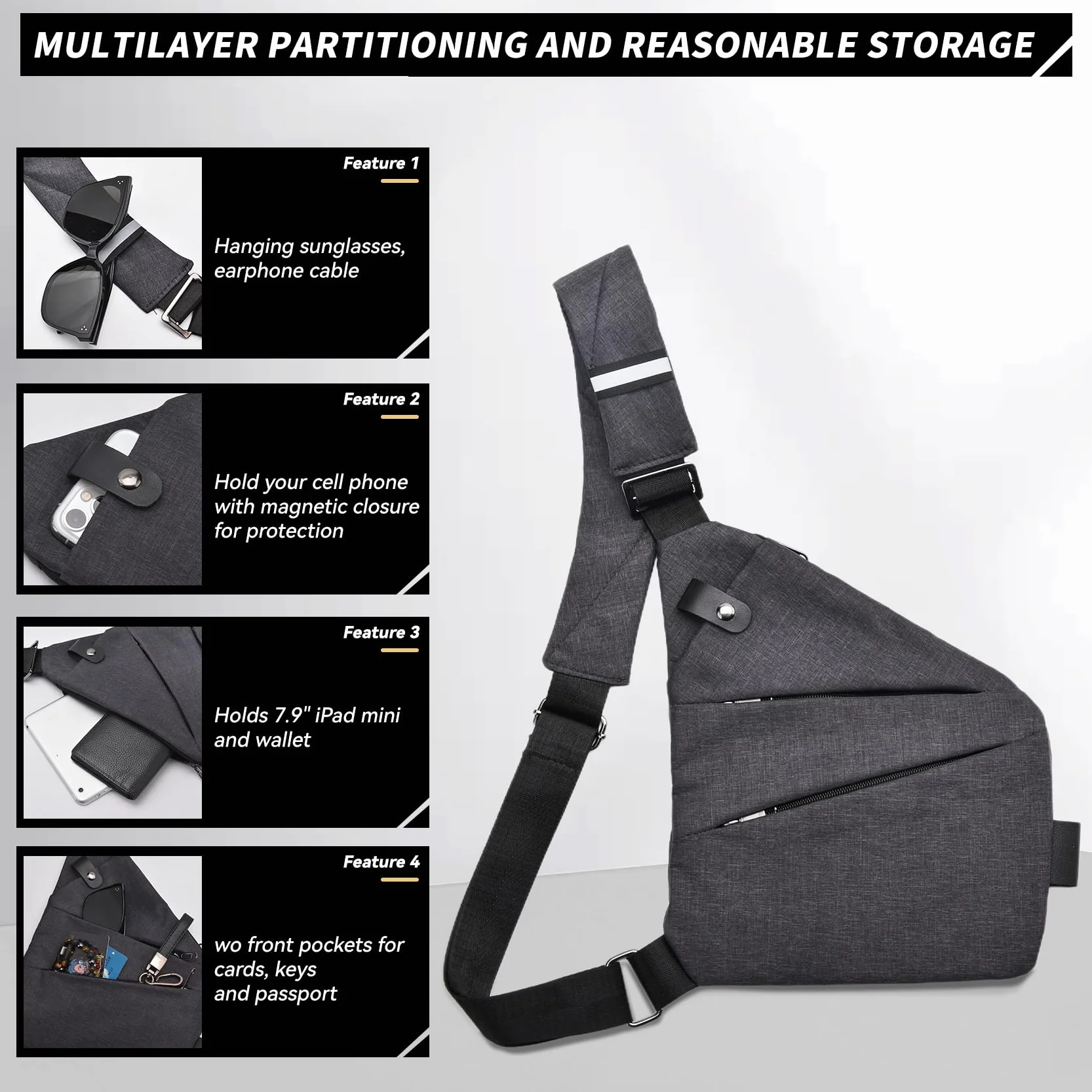 Torba podróżna antykradzieżowa, Crossbody na ramię na klatkę piersiową antykradzieżowa torba na ramię, torba na ramię z wieloma kieszeniami dla mężczyzn i kobiet