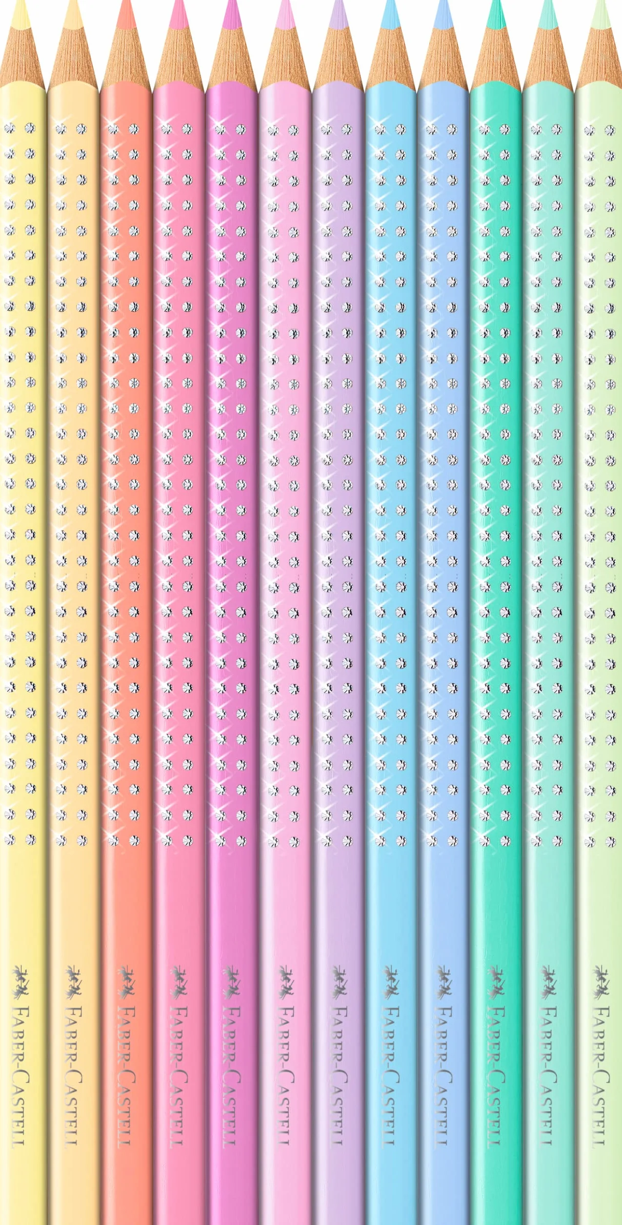 FABER-CASTELL 201910 – zestaw kredek Sparkle Pastel, 12 sztuk, w metalowym etui, trójkątne, odporne na złamania