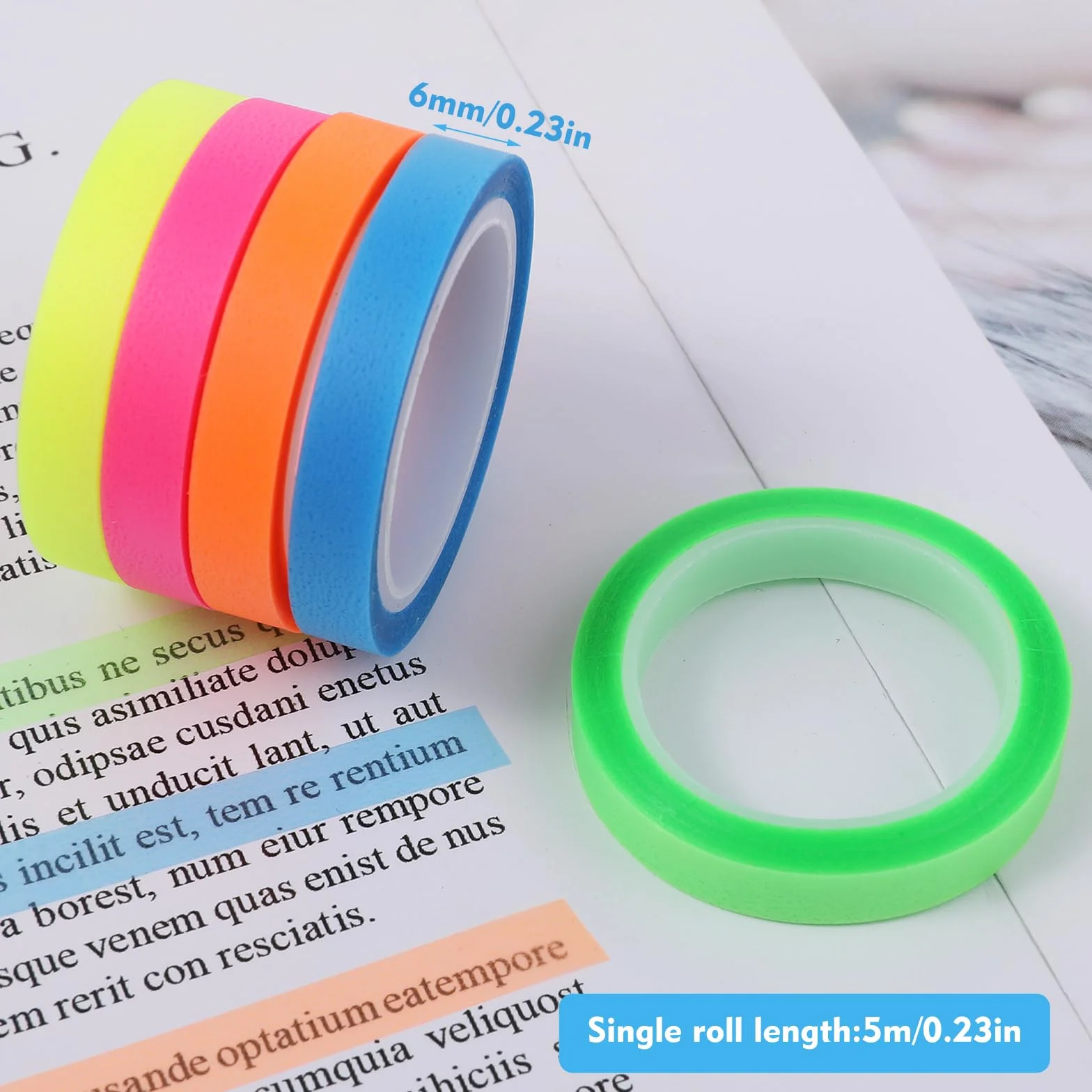 Abeillo 10 rolek taśm do zaznaczania tekstu, 6 mm x 5 m, kolorowa, przezroczysta taśma klejąca, fluorescencyjne naklejki do oznaczania, usuwalne zakreślacze, markery do czytania i notatek
