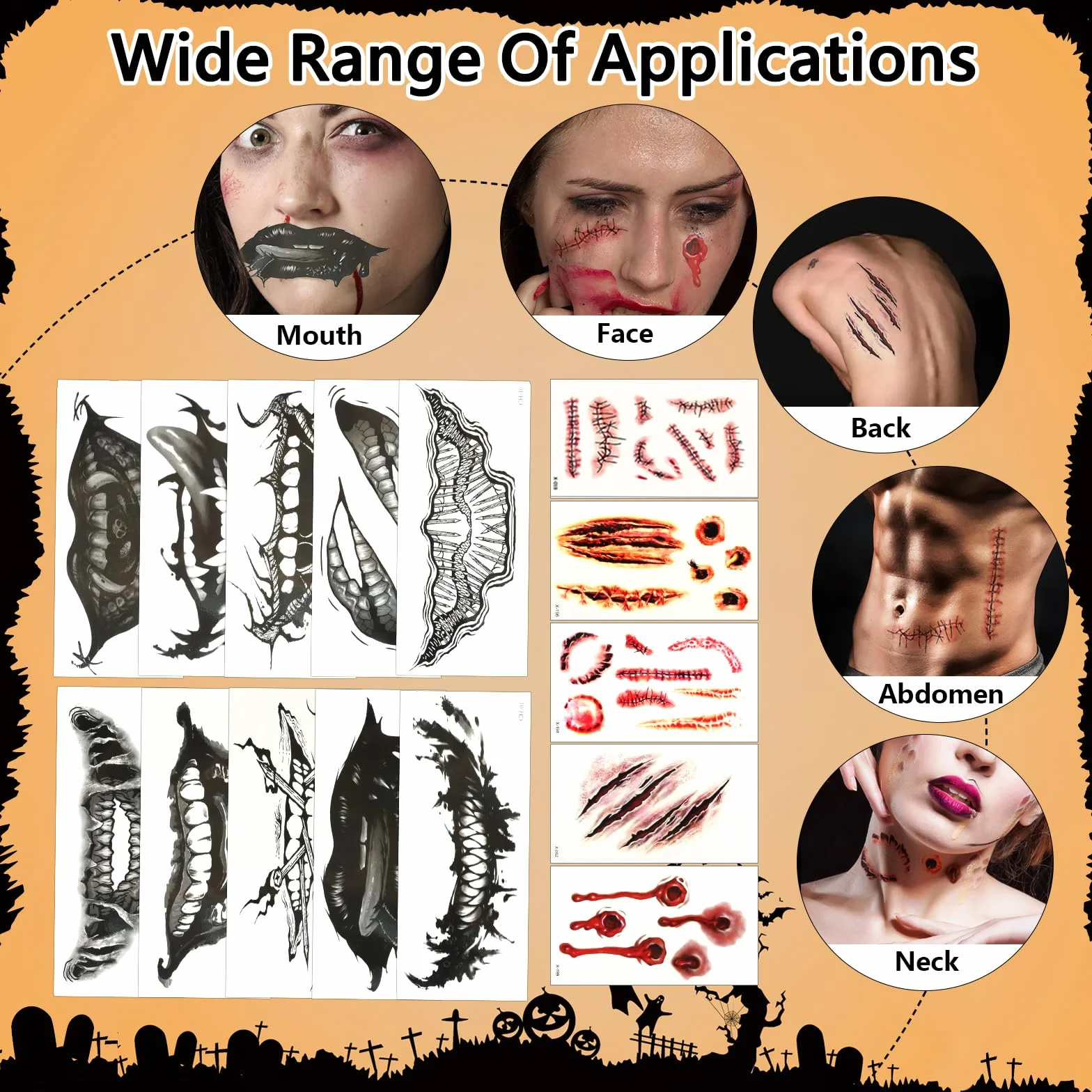 KATIMI 15 sztuk Halloween Twarz Usta Tatuaże Naklejki Halloween Blizny Tatuaż Rany Halloween Wodoodporne Tymczasowe Tatuaże Halloween Zombie Wampir Na Imprezę Dekoracje