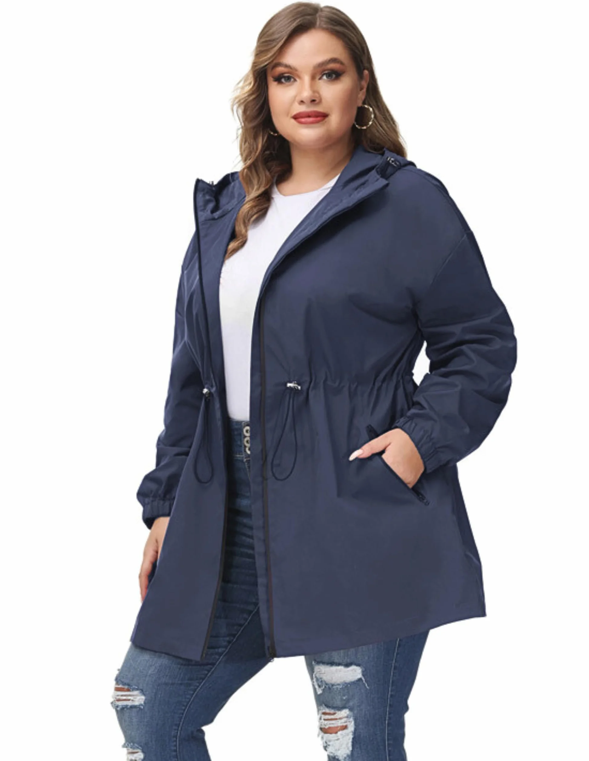 Hanna Nikole Damski płaszcz przeciwdeszczowy z kapturem plus size kurtka outdoorowa wodoodporna wiatrówka