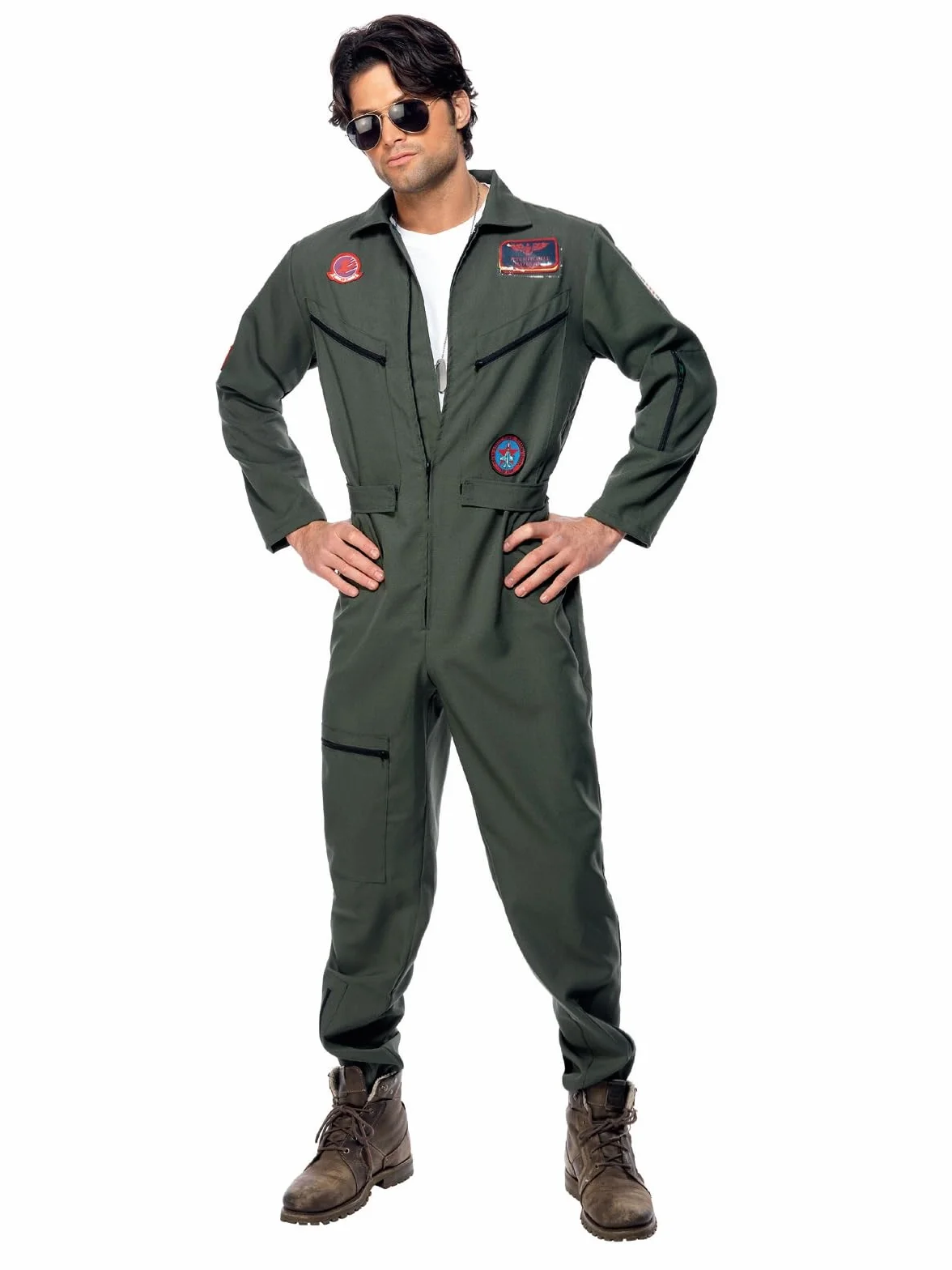 Smiffys 26287L męski kostium Top Gun, kombinezon, tabliczka z nazwiskiem i okulary przeciwsłoneczne, zielony, rozmiar: L, 36287