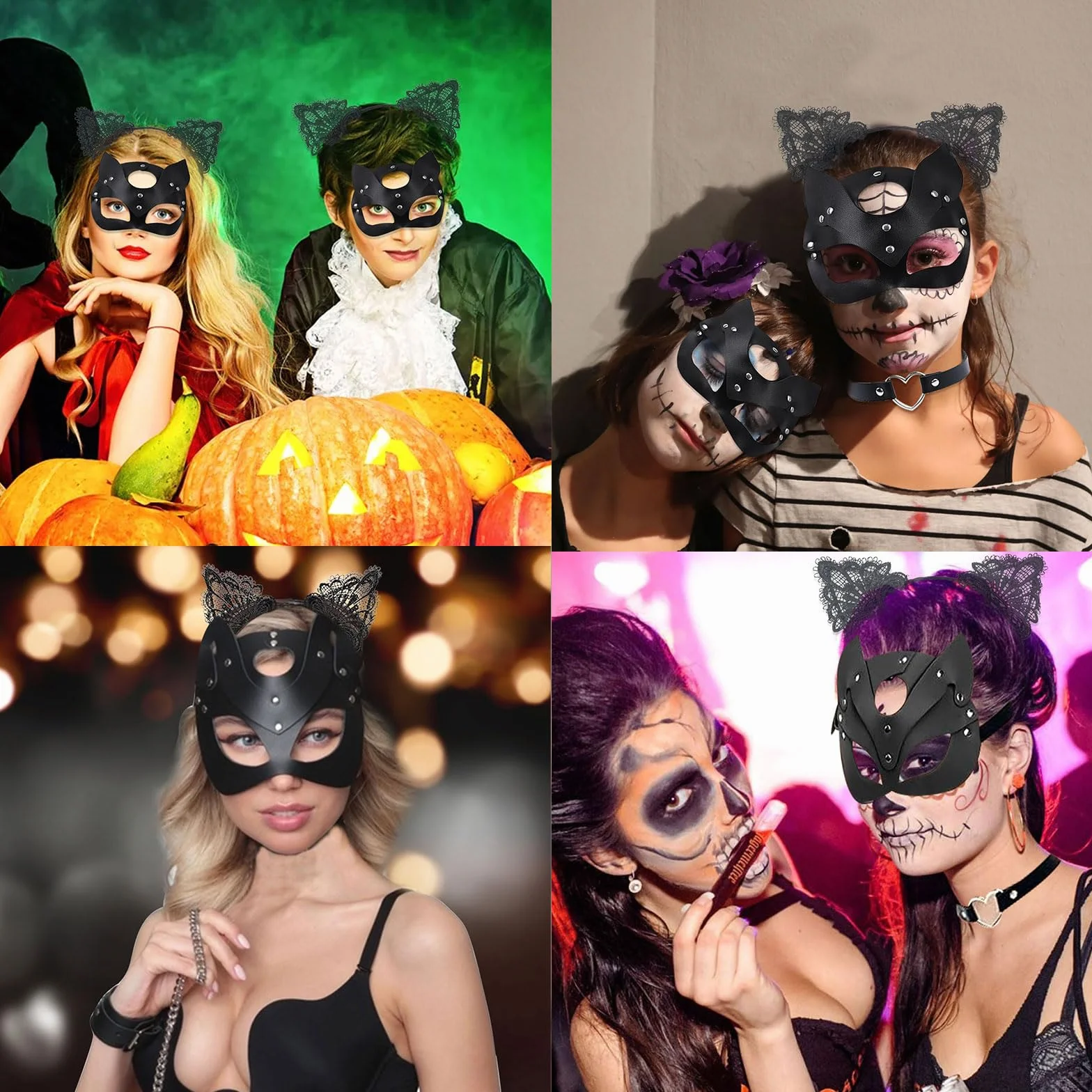 Seasboes Maska damska, 3 sztuki, maska dla kota, kostium dla kota, opaska na czoło, naszyjnik, maska na karnawał, Walentynki, maskaradę, imprezę, do klubu nocnego