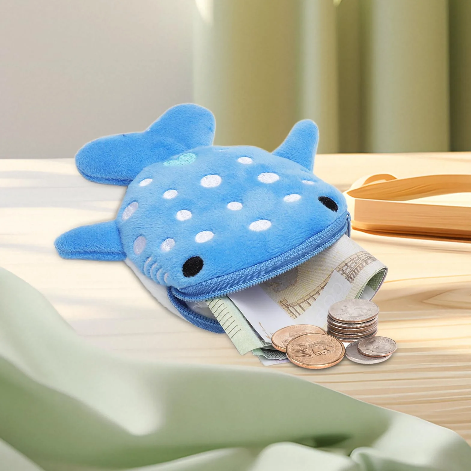 4 sztuki pluszowych torebek na monety rekin wielorybi, portmonetka dziecięca, portmonetka z motywem rekina, mini portmonetka, mała portmonetka, prezent dla dzieci, z zamkiem błyskawicznym