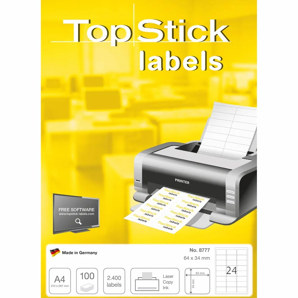 TopStick 8777 Naklejki adresowe DIN A4 (64 x 34 mm, 100 arkuszy, papier, matowy) samoprzylepne, do zadrukowania, trwałe etykiety uniwersalne, 2400 etykiet samoprzylepnych, białe