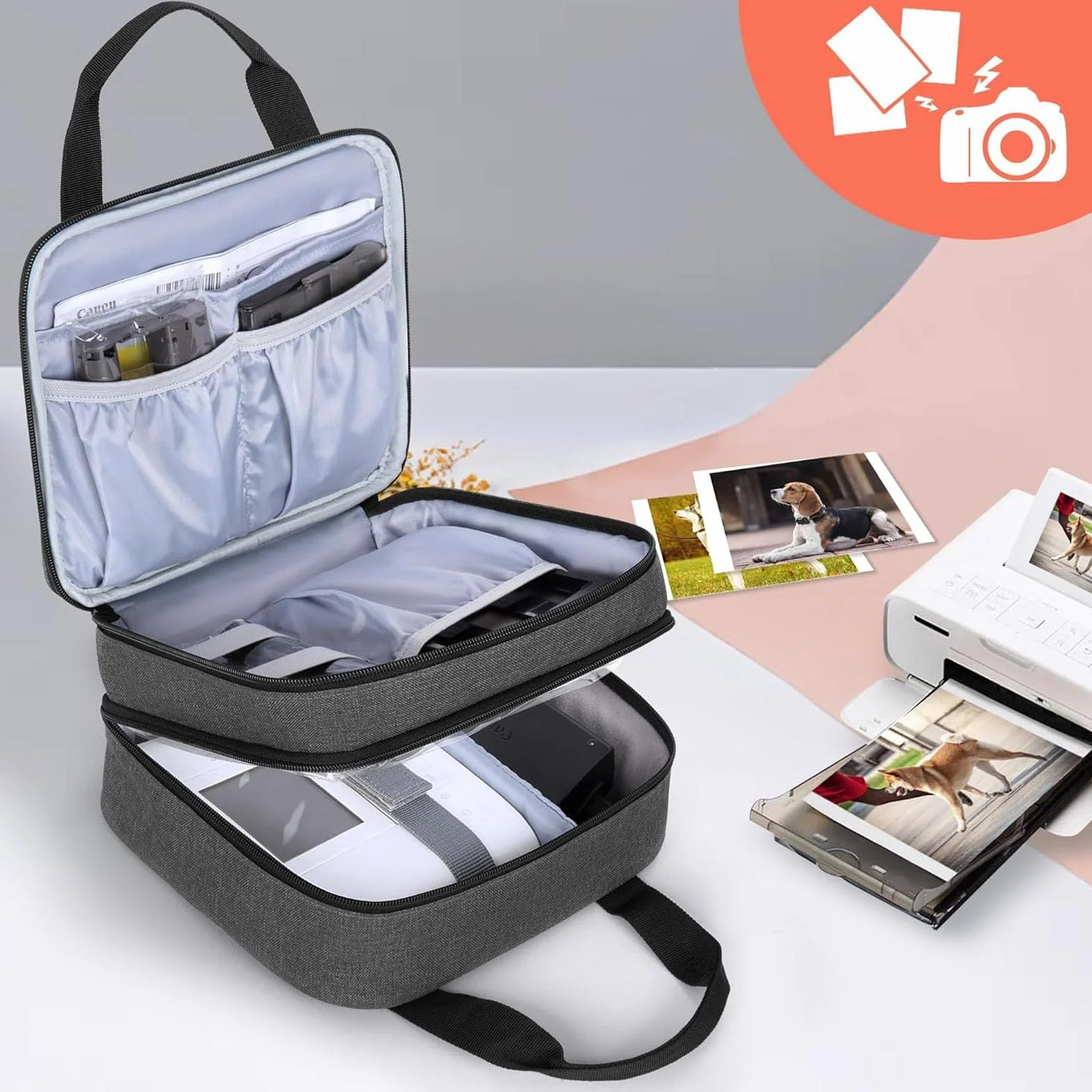 Worki do drukarki fotograficznej do Selphy CP1500 CP1300 CP1200, poliester, etui na drukarkę z kieszeniami na akcesoria, zdejmowana przegródka, szara