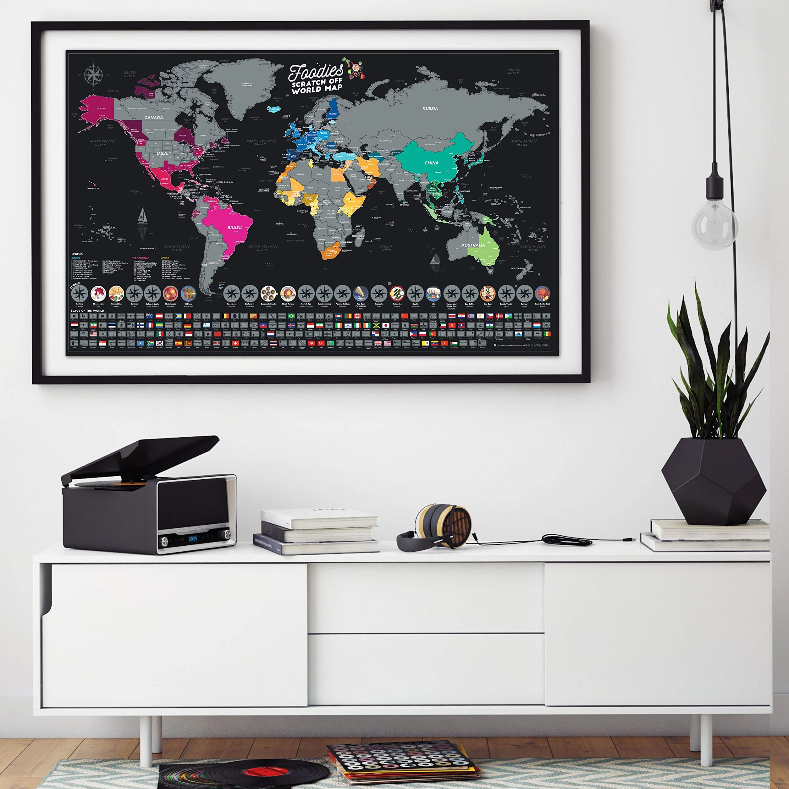 Bonanzana - Mapa świata do zdrapywania XXL - 70 x 42 cm - z 25 produktami spożywczymi i 197 flagami - mapa świata Foodies ze skrobakiem - Scratch off World Map - prezent