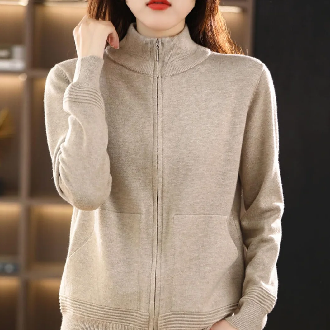 Ownwfeat Damski wełniany sweter z podwójnym zamkiem błyskawicznym kardigan moda casual dzianinowe topy