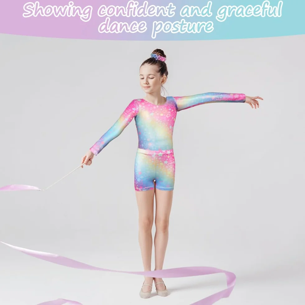 AOOWU 3-częściowy zestaw gimnastyczny, dziewczęcy Leotards z szortami i opaską, gradientowe kolory błyszczące body z dekoltem w kształcie litery Y, długi rękaw/bez rękawów