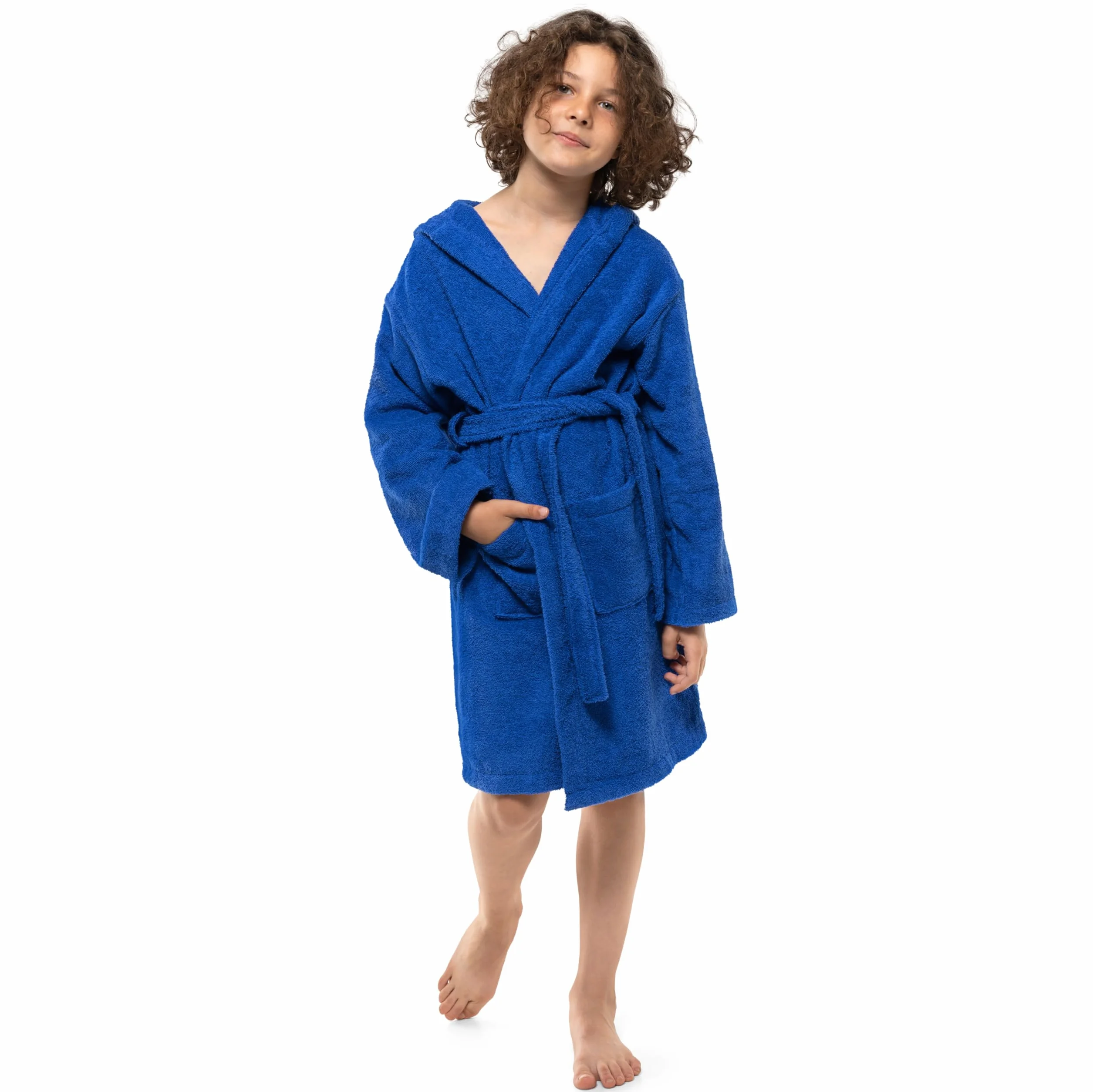 Twinzen Szlafrok dziecięcy z kapturem, 100% bawełna OekoTex, szlafrok dla chłopca dziewczynki - bardzo miękka i chłonna tkanina frotte, ciemnoniebieski, 9-10 lat