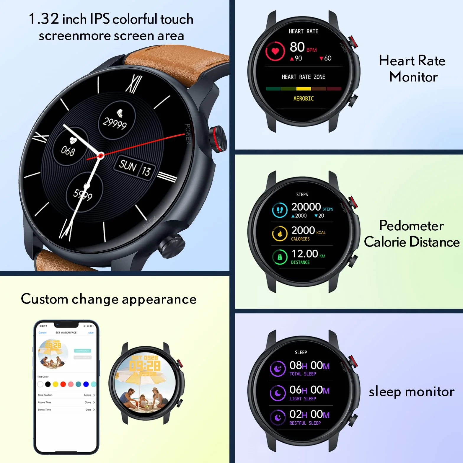 Męski smartwatch sportowy Smartwatch - 1,32 cala, wodoodporny ekran dotykowy IP68, inteligentna bransoletka z monitorem snu, tętna, krokomierz, tracker fitness, dla Androida, iOS, okrągła skóra