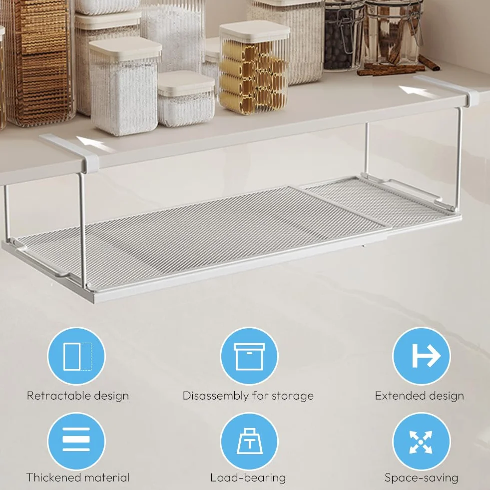 Kosz wiszący z metalu z regulacją 38-70 cm, wysuwany kosz pod regałem, regał wiszący, organizer do szafek kuchennych, spiżarni i szaf na ubrania (biały)