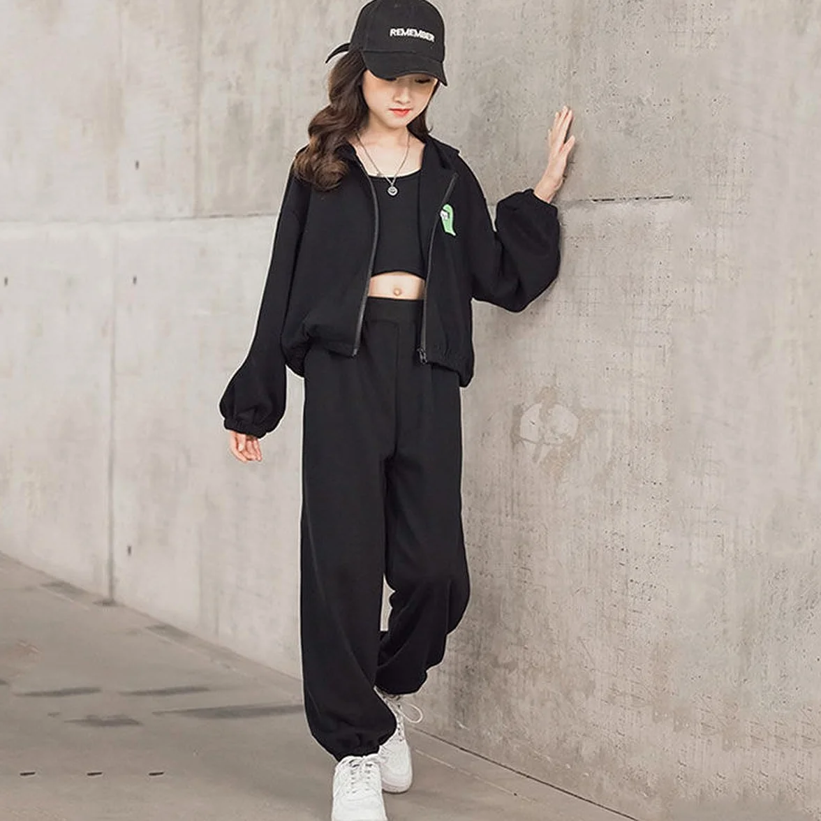 linboo Dres do joggingu, 3-częściowy strój sportowy (bluza + spodnie sportowe + crop top), strój hip-hopowy dla dzieci i dziewczynek
