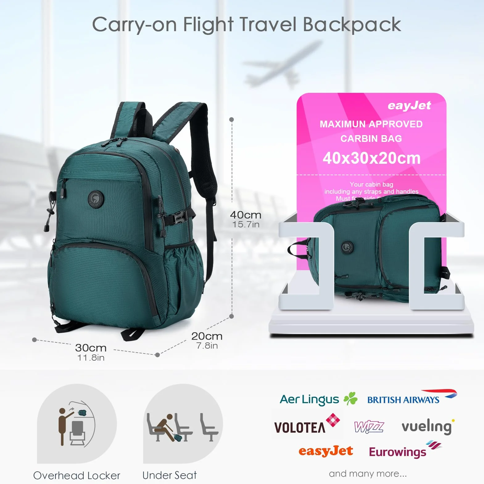 SPAHER 25L Składany Plecak Podróżny Bagaż Podręczny 40x30x20 Wizzair Vueling Wodoodporny Plecak Szkolny Turystyczny Lekkie Plecak na Co Dzień Plecak na Laptop dla Mężczyzn Kobiety Niebieski