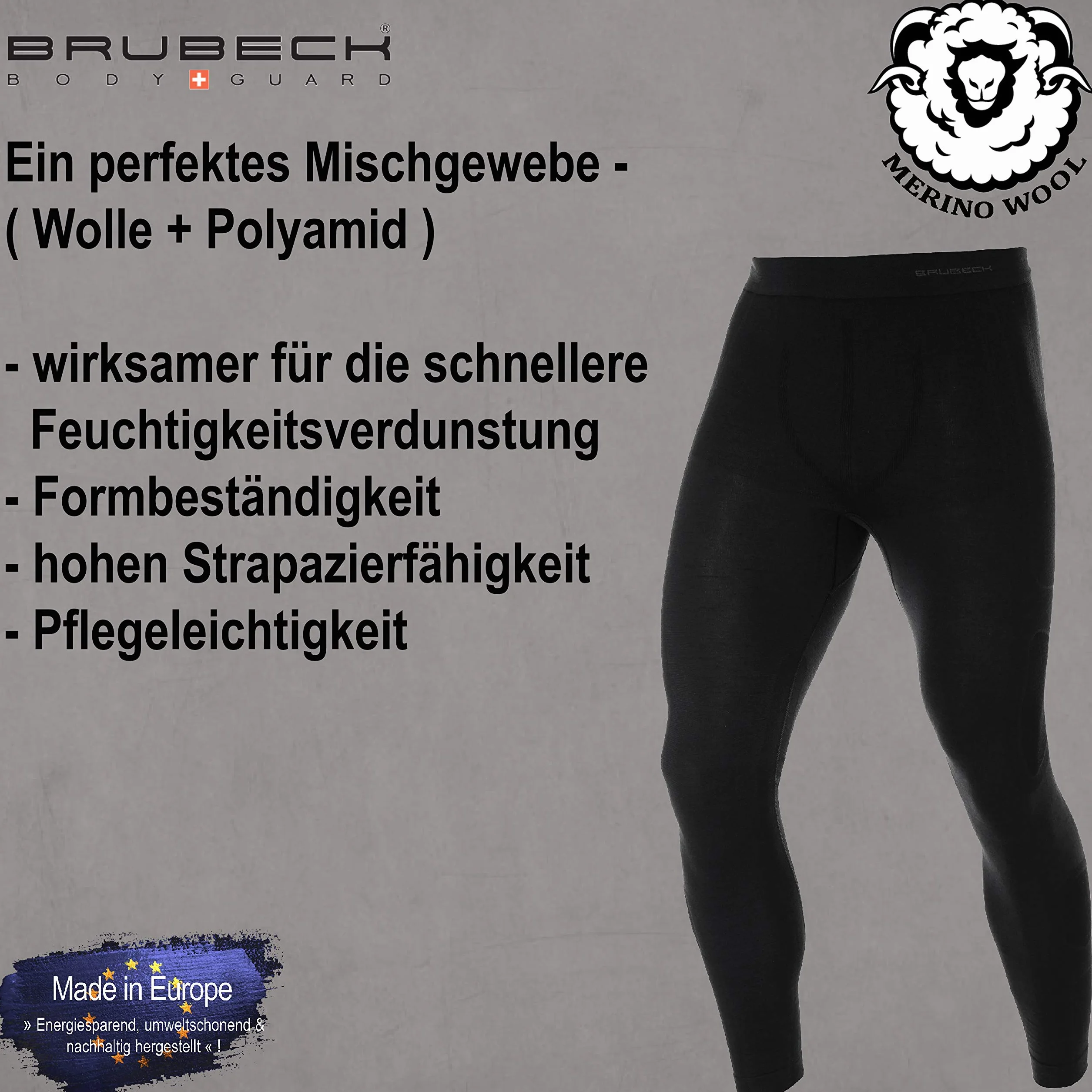 BRUBECK Spodnie funkcyjne długie męskie | długie spodnie | bielizna funkcyjna na zewnątrz | legginsy funkcyjne oddychające 41% Merino | rozm. M | czarne | LE10930