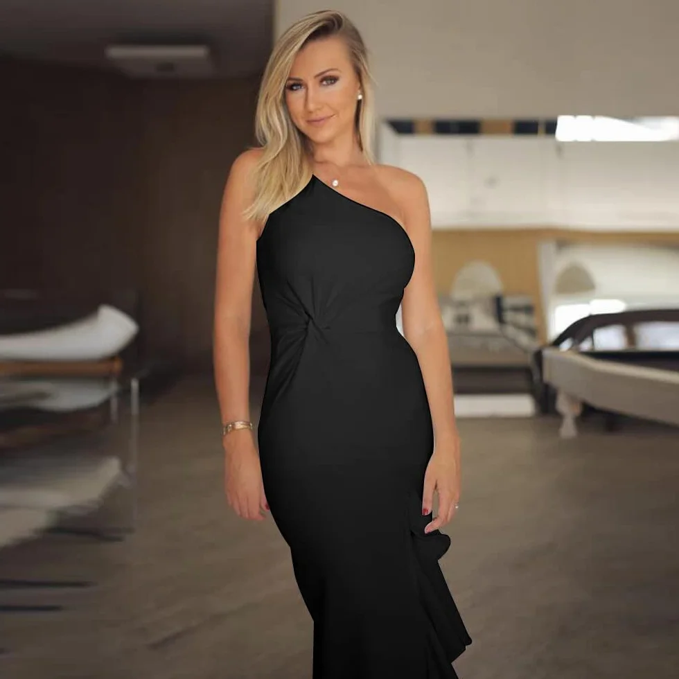 Elegancka sukienka damska, długa sukienka wieczorowa, jedno ramię, jednolity kolor, wysoka sukienka z rozcięciem, sukienka bez rękawów, seksowna sukienka bodycon, suknie koktajlowe, wesele,