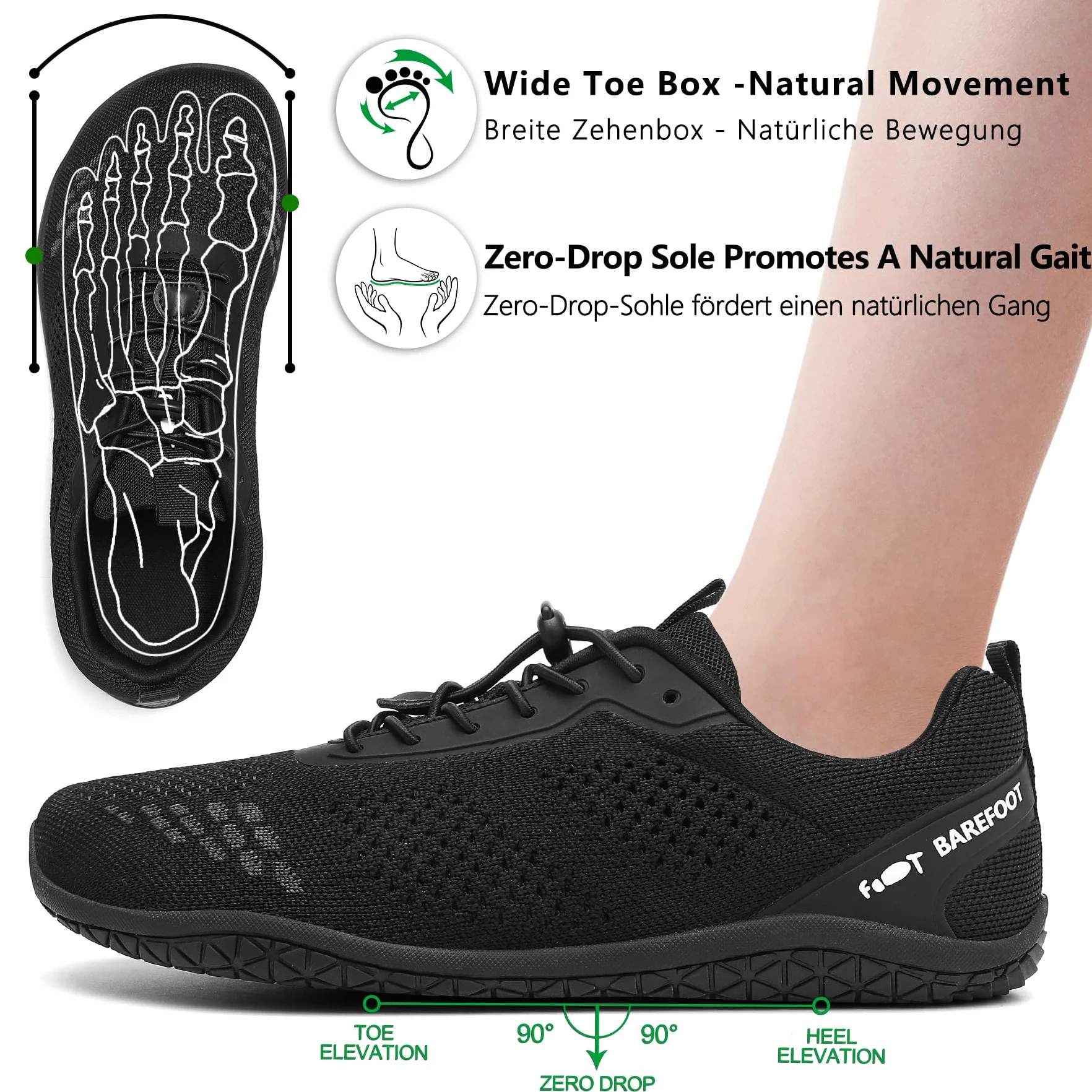 Geweo Buty Barefoot Męskie i Damskie Lekkie Wygodne Buty Sportowe Treningow z Szeroką Skrzynią na Palce Oddychające Buty do Biegania, do CrossFit i Fitness, Świeżym Powietrzu Sport Unisex Czarny 43EU