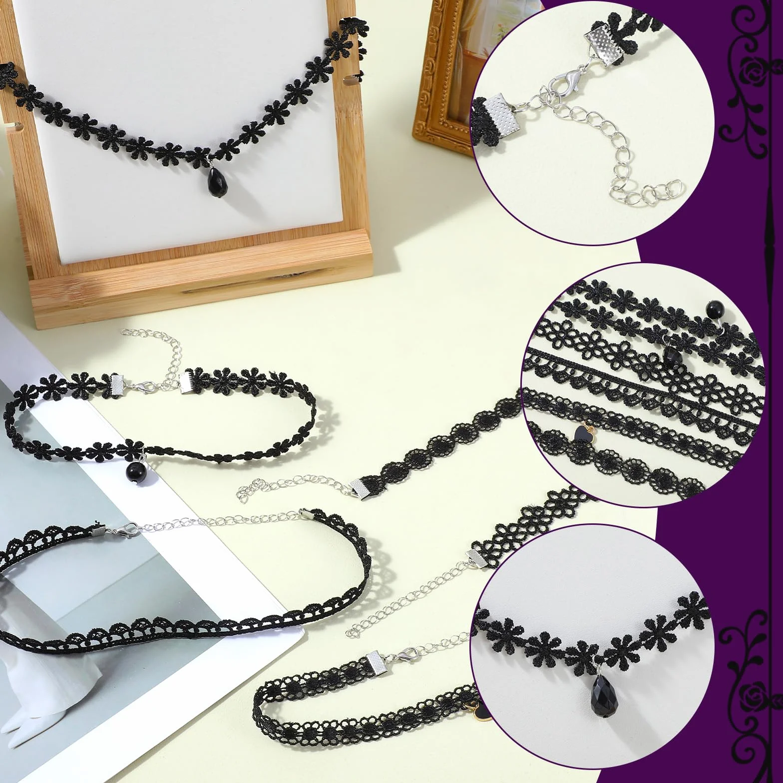 Nogeqi 6 czarnych naszyjników damskich typu choker, regulowany, czarny, aksamitny, gotycka biżuteria, akcesoria gotyckie, klasyczne czarne koronkowe naszyjniki dla kobiet i dziewcząt, do tańca, na
