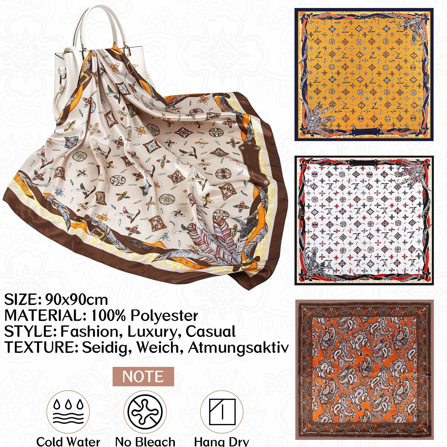 4 sztuki jedwabnych chustek na głowę dla kobiet, 90 x 90 cm Duże Kwadratowe Satynowe chusta na głowę dla kobiet, na lato, satynowa bandana dla dziewcząt, ozdoba do włosów