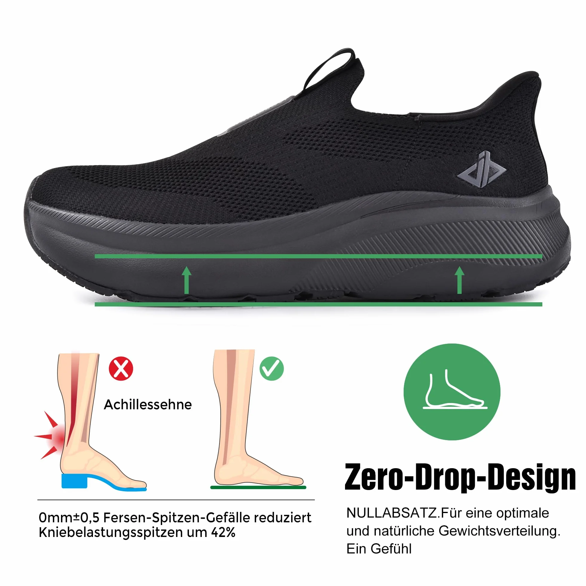 JACKSHIBO Męskie buty wsuwane, wsuwane buty typu sneaker, podparcie łuku stopy, ortopedyczne buty z pianki z pamięcią kształtu, z szerokim obszarem na palcach, podeszwa zerowa, czarny, 43 EU szeroki