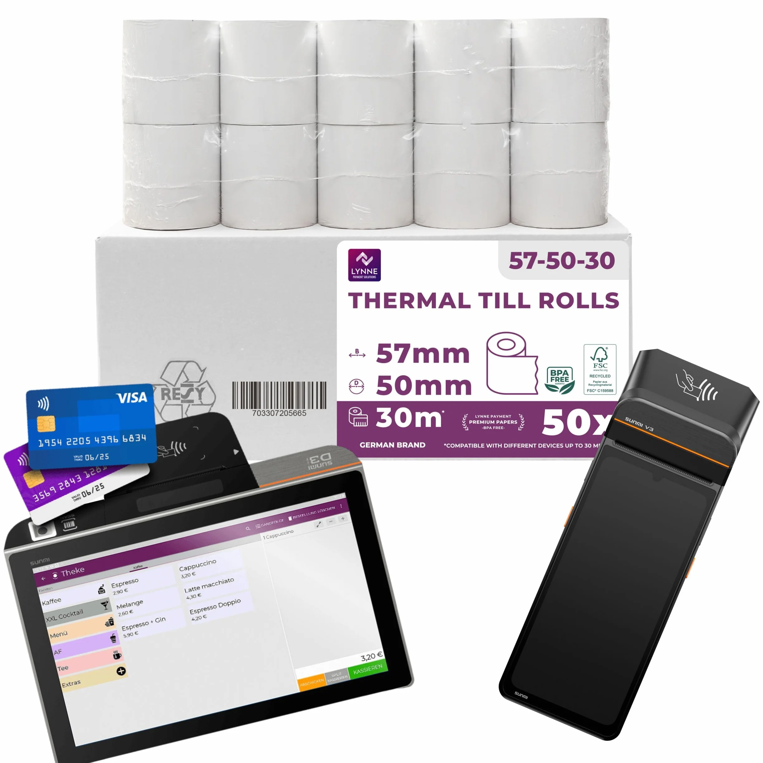 LYNNE PAYMENT SOLUTIONS Lynne Payment Solutions Rolki termiczne 57 mm x 50 mm x 12 mm, rolki kasy, rolki paragonów do kas z drukarką paragonów, papier termiczny, nie zawierają BPA, 50 rolek