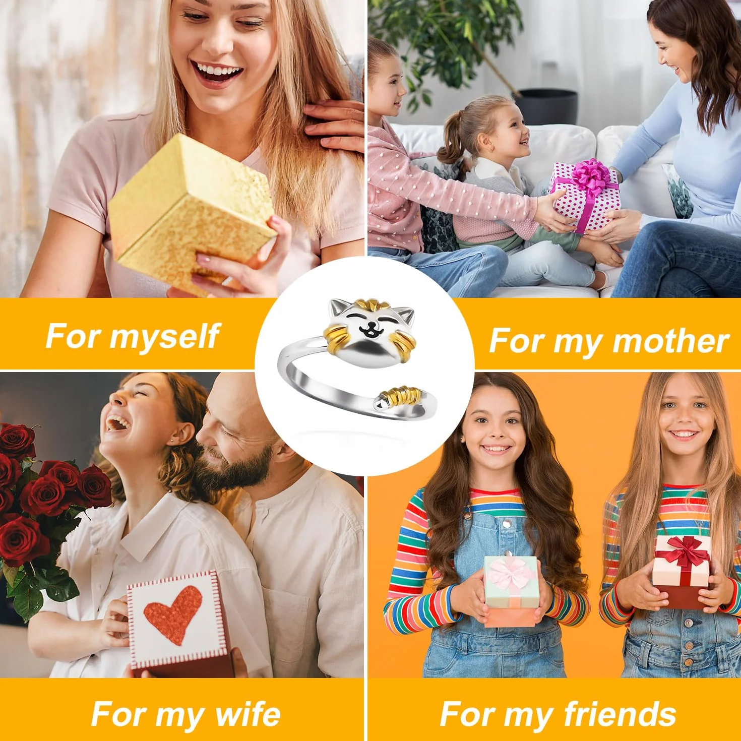 Fidget Ring Kobiety, Platerowane Srebro Obrotowe Pierscionki Zwierze Uroczy Pierscionek z Kotem Otwarte Regulowana Bizuteria Fidget dla Relaksu