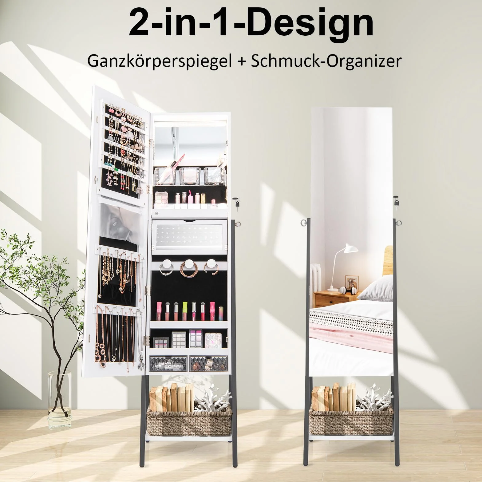 COSTWAY Szafka na biżuterię z lustrem, szafka z lustrem na biżuterię z 3-kolorowym oświetleniem LED, zamykana, dodatkowa półka, 41,5 x 37 x 157 cm (biała)