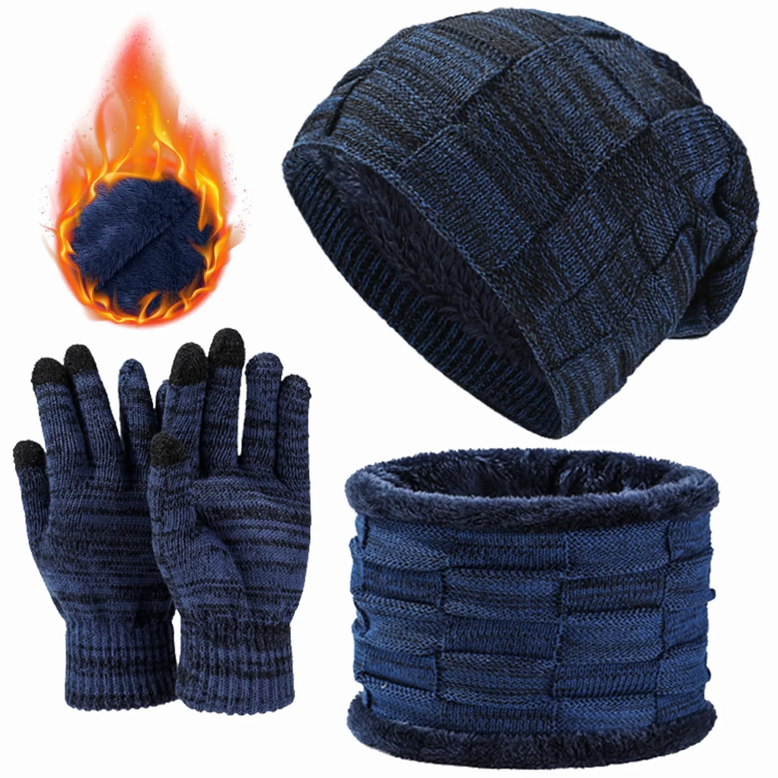 Decorie Męska czapka zimowa beanie, czapka z dzianiny, rękawiczki zimowe i szalik, zestaw z polarem, ciepła chusta na szyję, szal typu loop, szal do ekranu dotykowego, rękawiczki termiczne ocieplające