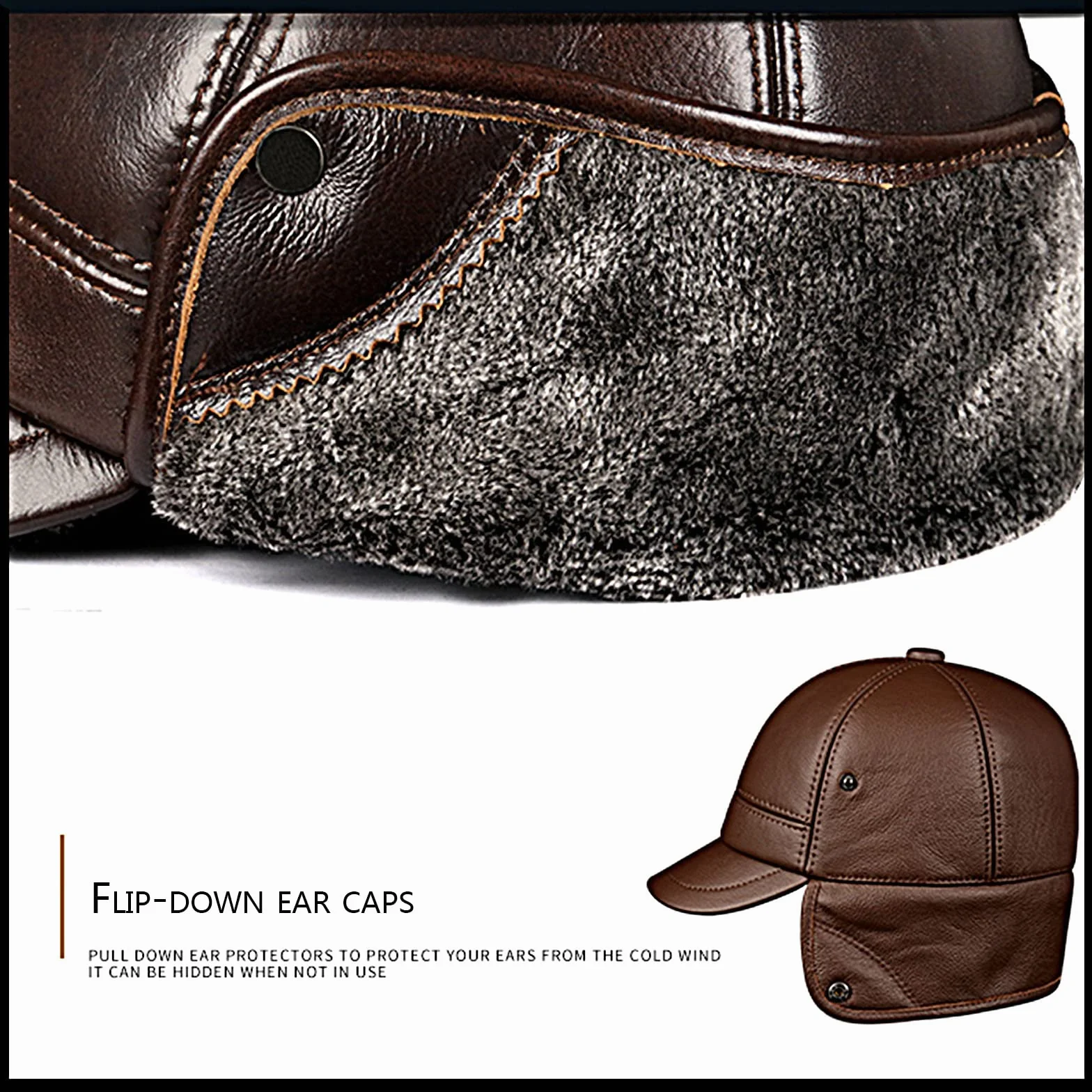 Czapki dla mężczyzn, zimowa skórzana czapka męska z nausznikami, zimowa skórzana czapka z rondem czapka z nausznikami, wiatroszczelna nausznik Prawdziwe skórzane czapki, czapka lotnicza Skórzana,Dark brown,XL
