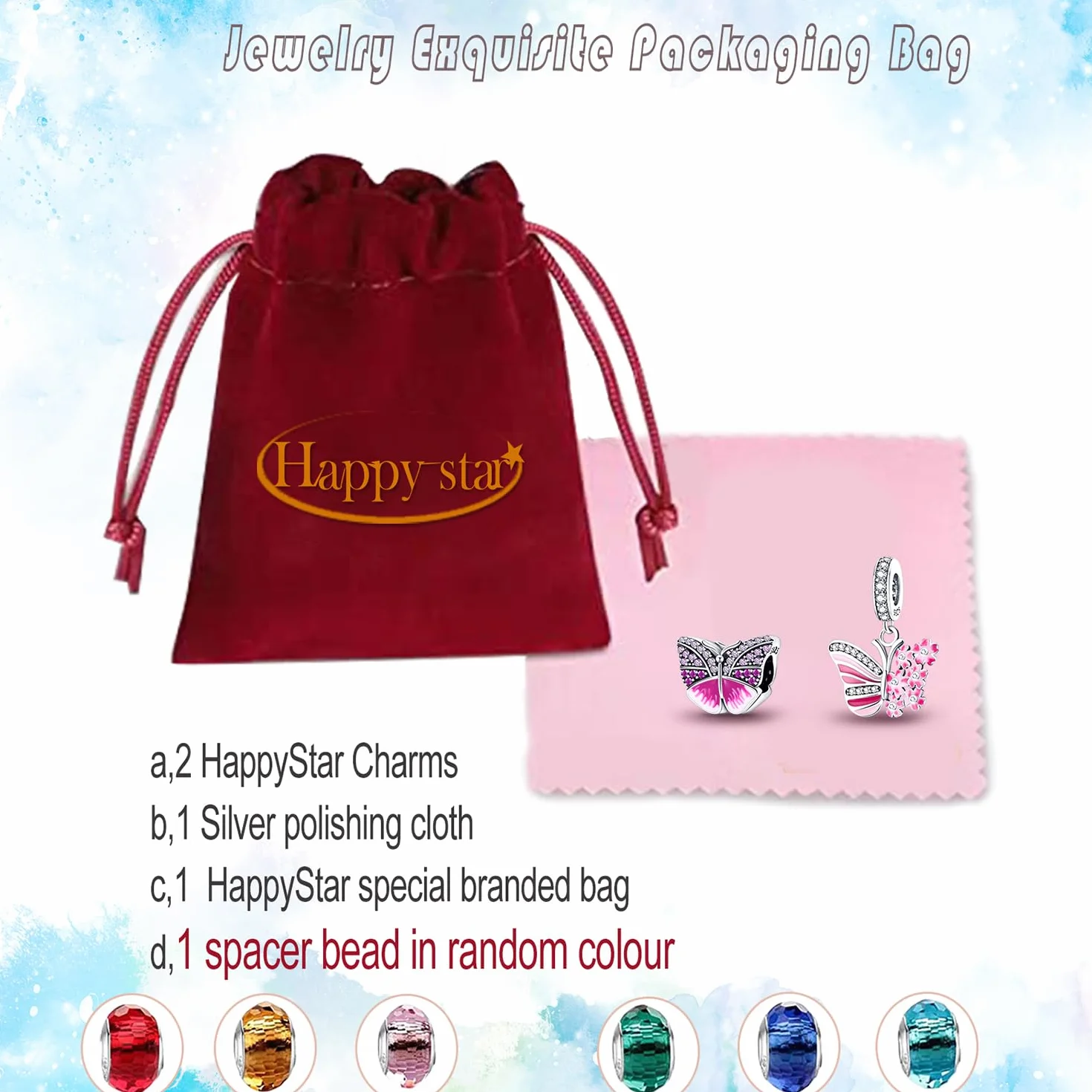 HappyStar Wisiorek charms ze srebra próby 925 do bransoletek, wisiorek typu charms, dla kobiet, kompatybilny z europejskimi bransoletkami i łańcuszkami Pandora (z koralikami dystansowymi, Srebro