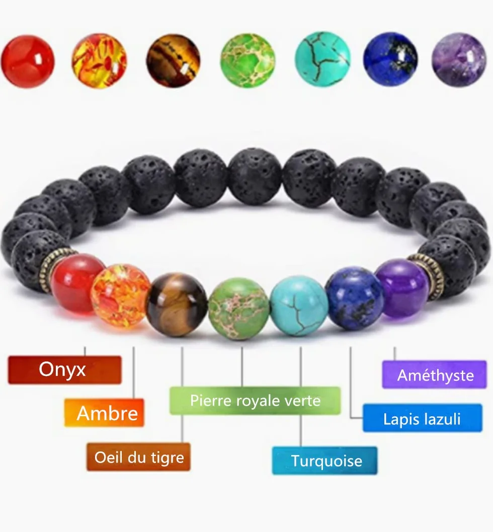 LATRAT BRANSOLETKA 7 czakr kamienie naturalne, koraliki 7 czakr, bransoletka z kamienia naturalnego 8 mm, bransoletka damska i męska elastyczna bransoletka, One Size, kamień wulkaniczny