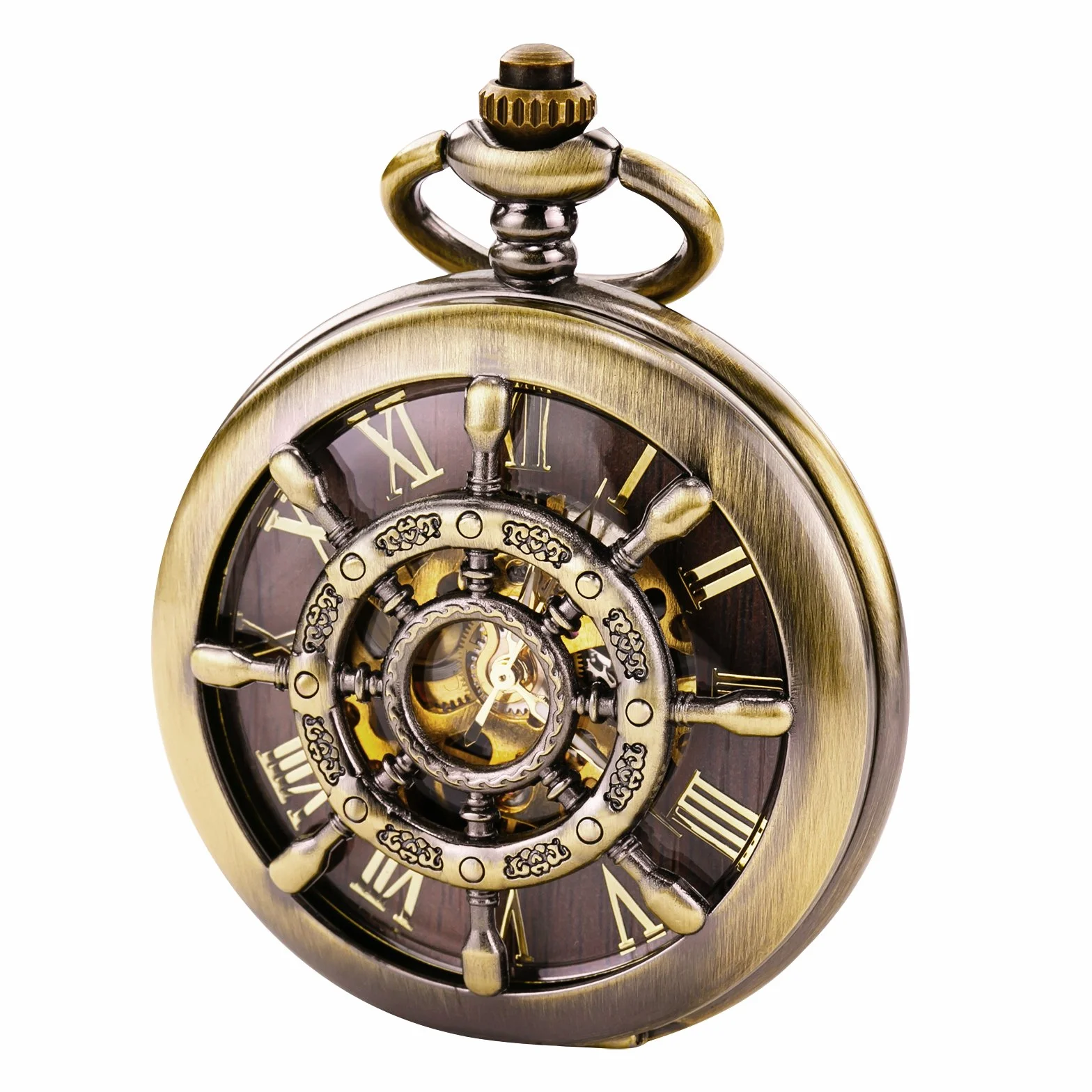 TREEWETO Unisex zegarek kieszonkowy z łańcuszkiem analogowy mechaniczny nakręcany ręczny podwójny zawias wiosło szkielet brąz, Bronze036