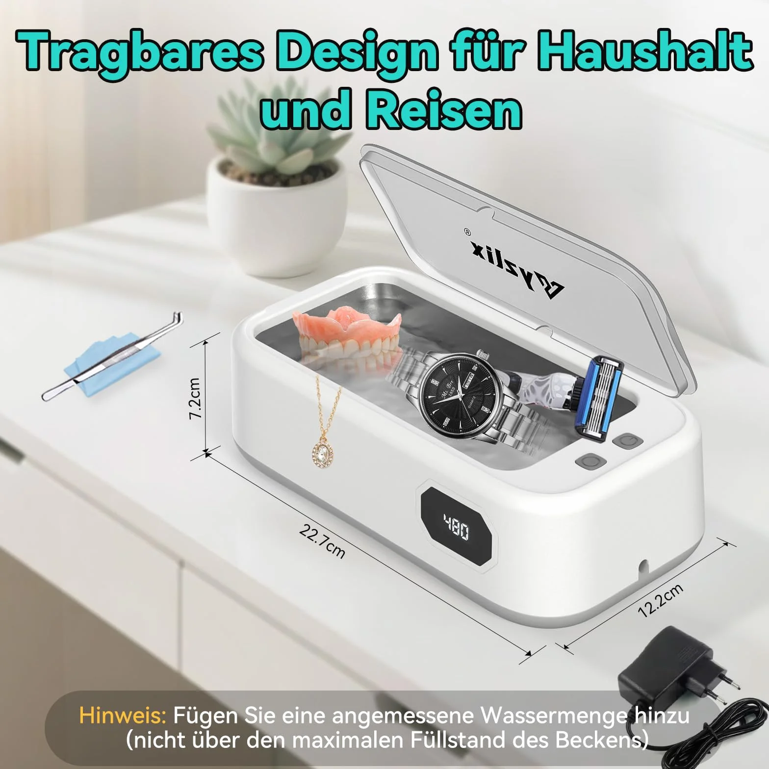 Ultradźwiękowe urządzenie czyszczące 640ml z 5 trybami, 49 000 Hz, 40W - do okularów, biżuterii, monet, protez zębowych (z pęsetą i ściereczką)​ (Biały)
