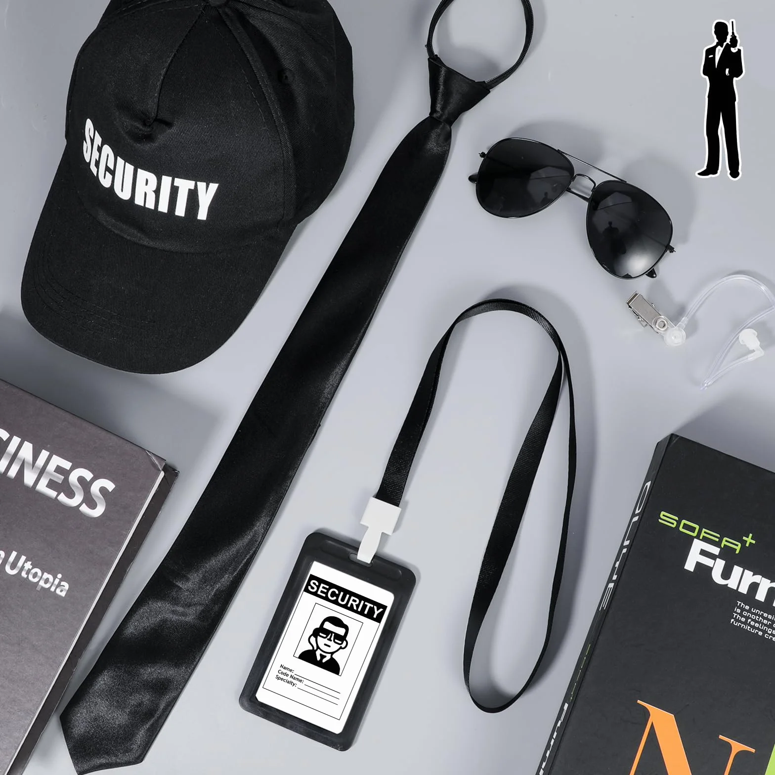Zestaw kostiumowy, tajny agent, ochrona z okularami przeciwsłonecznymi, ucho, dowód osobisty, kapelusz, regulowany krawat dla mężczyzn i chłopców, Halloween, Cosplay, impreza, akcesoria