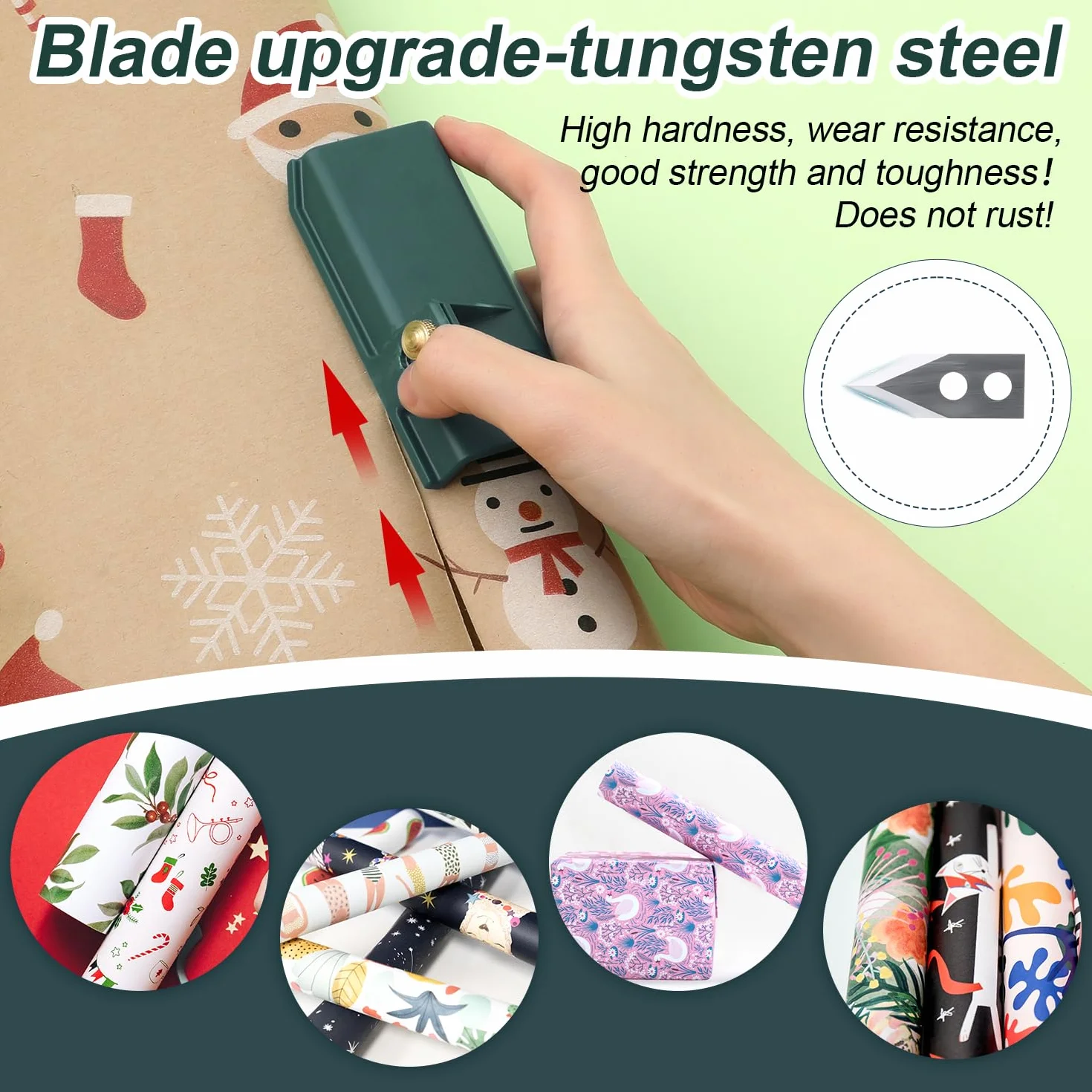 Nóz do Papieru do Pakowania, Nowe Ostrze do Aktualizacji Christmas Paper Cutter Roll Stal Wolframowa Nóz do Papieru do Pakowania na Swiateczne Materialy do Pakowania Prezentów (Ciemnozielony)