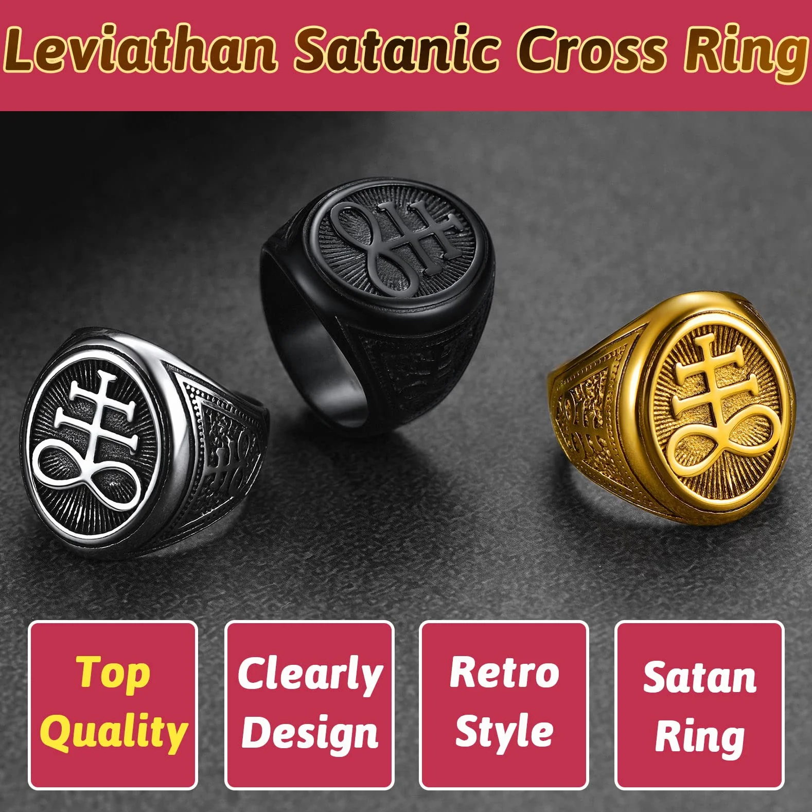 FaithHeart Pierścień człowiek krzyż Lewiatana pieczęć szatana Pentacle pierścień diabeł zwyczaj punk hiphop raper ze stali nierdzewnej 316L złoty/czarny pozłacane biżuteria religijna satanizm