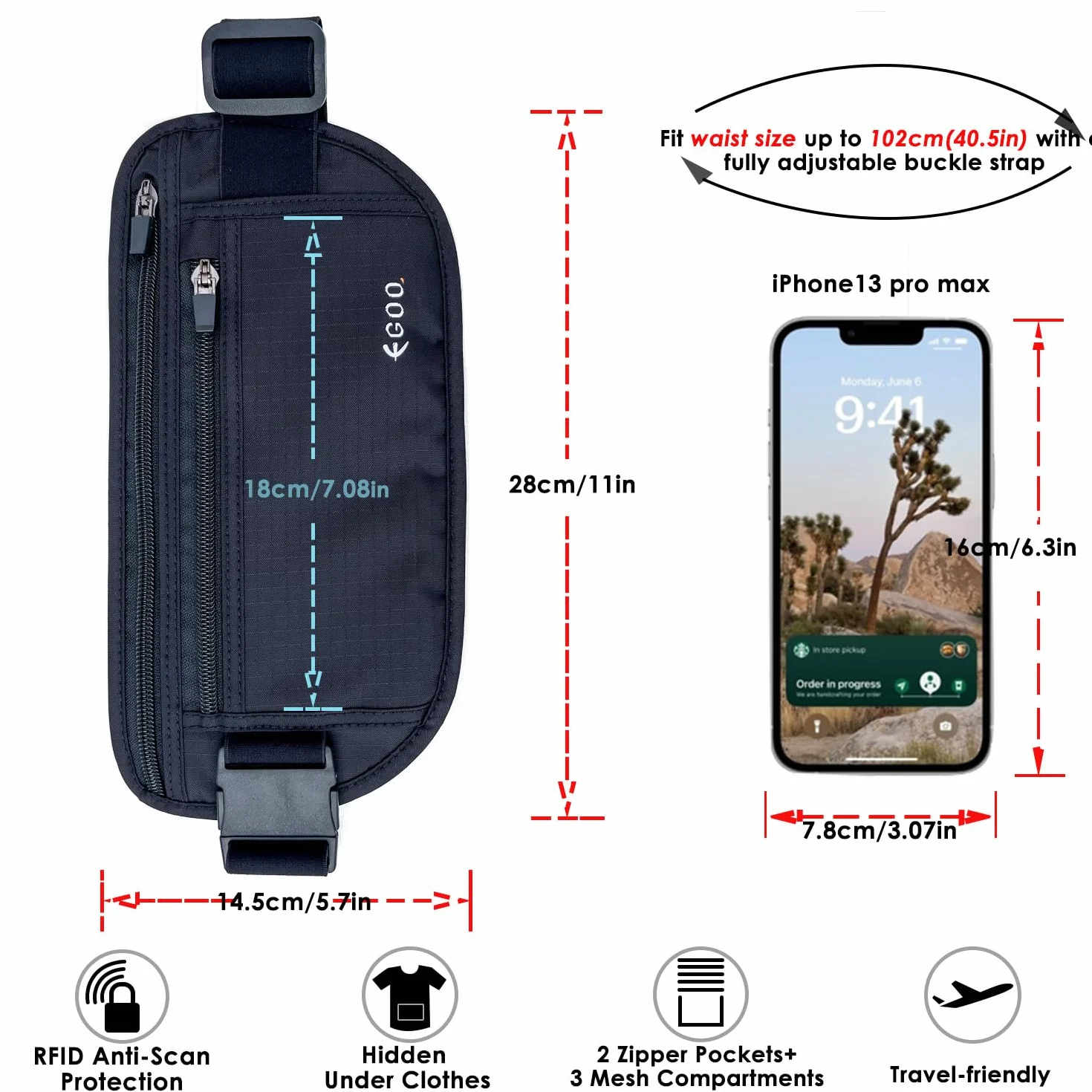 EGOO Ultralekki pasek na pieniądze RFID z regulowanym elastycznym paskiem do podróży, ukryta saszetka na pieniądze z wieloma kieszeniami + 3 etui ochronne na karty RFID, Czarny, Jeden rozmiar,