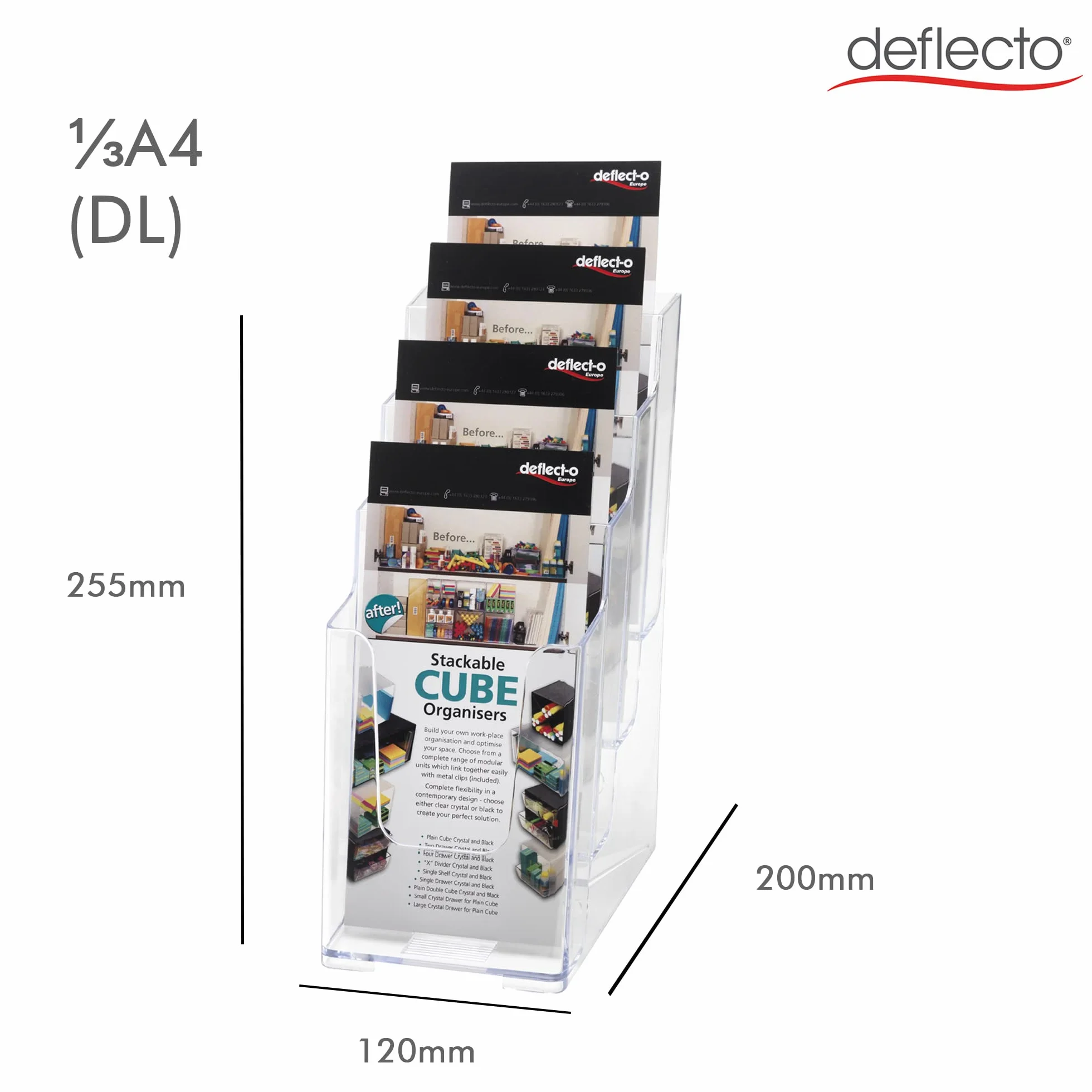 Deflecto wielopoziomowy stojak na broszury, DIN A4 1/3, format pionowy, 120 x 255 x 200 mm, 4 poziomy, ścięty, krystalicznie czysty, na stół lub ścianę, stojak na reklamy, ulotki, prezentacje