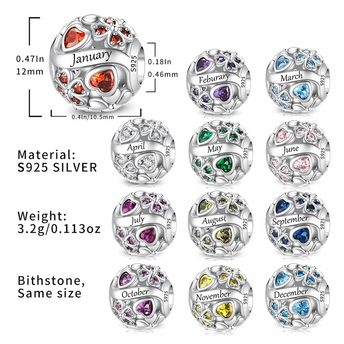 LNQOBU Birthstone Charms do bransoletek Pandora, srebro wysokiej próby 925, zawieszka w kształcie serca w kształcie serca, prezent urodzinowy dla kobiet