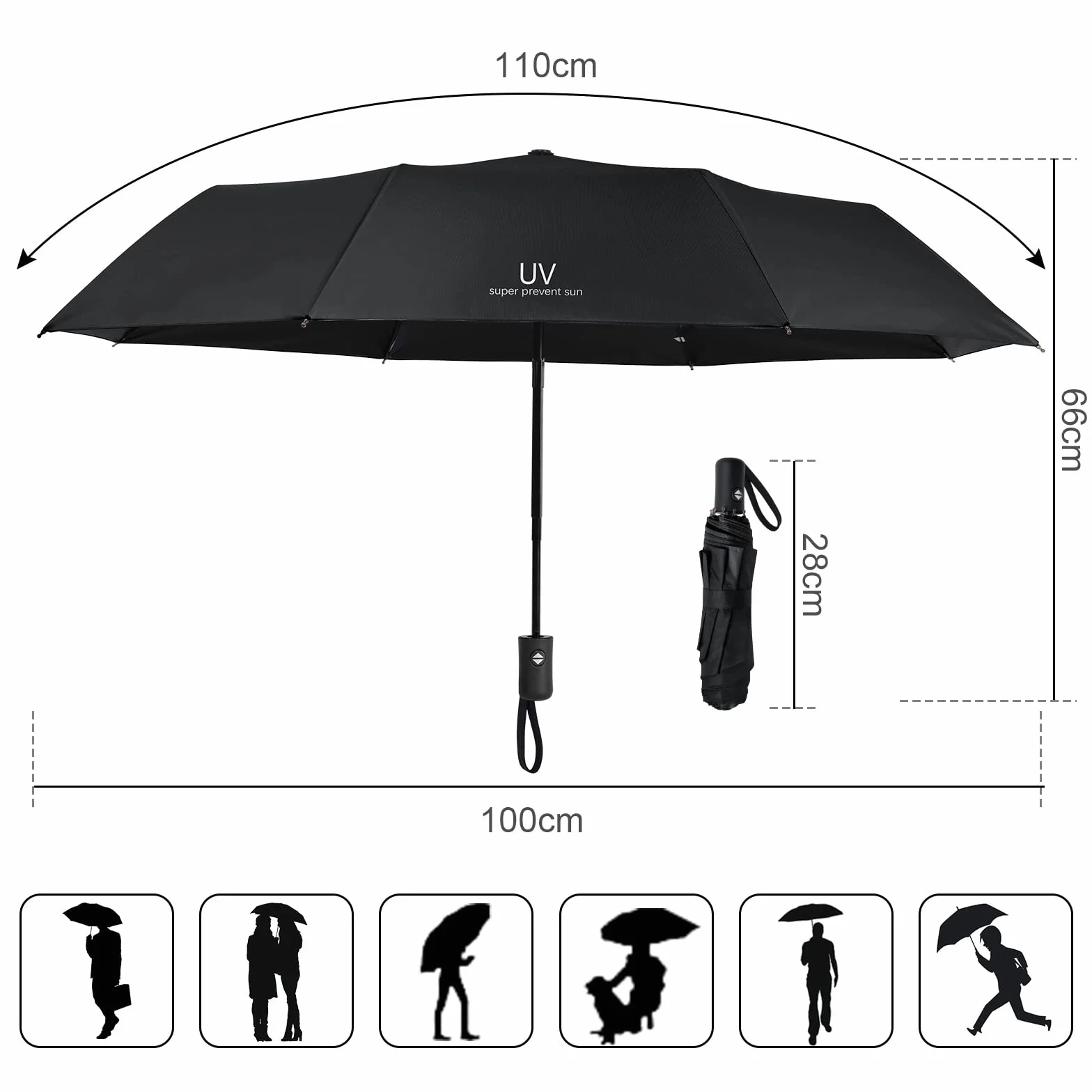 Parasol Vicloon, parasol składany, automatyczny otwierany-zamykacz, parasol odporny na burze, powłoka teflonowa 210T, lekki, mocny, dla mężczyzn i kobiet (Elegancki Czarny)