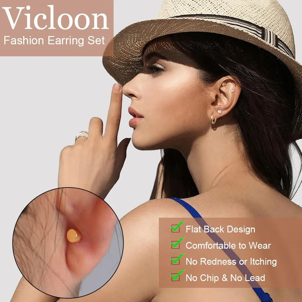 Vicloon Chirurgiczne kolczyki stalowe, 9 par kolczyki sztyfty płaskie retro kolczyki koła chrząstki hipoalergiczne chrząstka Helix kolczyki do uszu zestaw kolczyków damskie