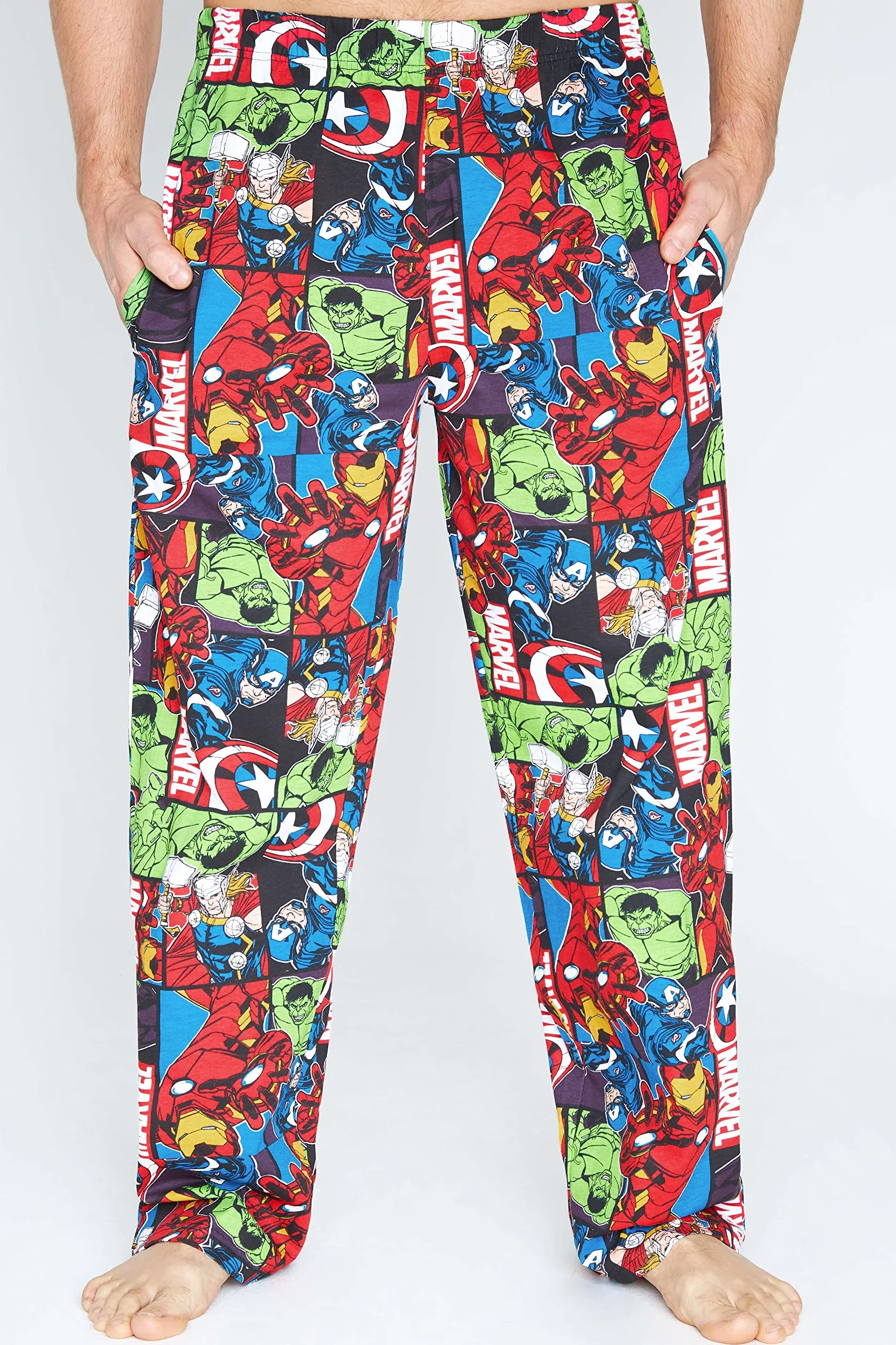 MARVEL Męska piżama, Avengers Lounge Pants Mężczyźni z Kapitanem Ameryką Iron Man Thor i Hulk, 100% bawełna bielizna nocna męskie spodnie piżamowe, oficjalne artykuły prezenty dla mężczyzn nastoletnich chłopców